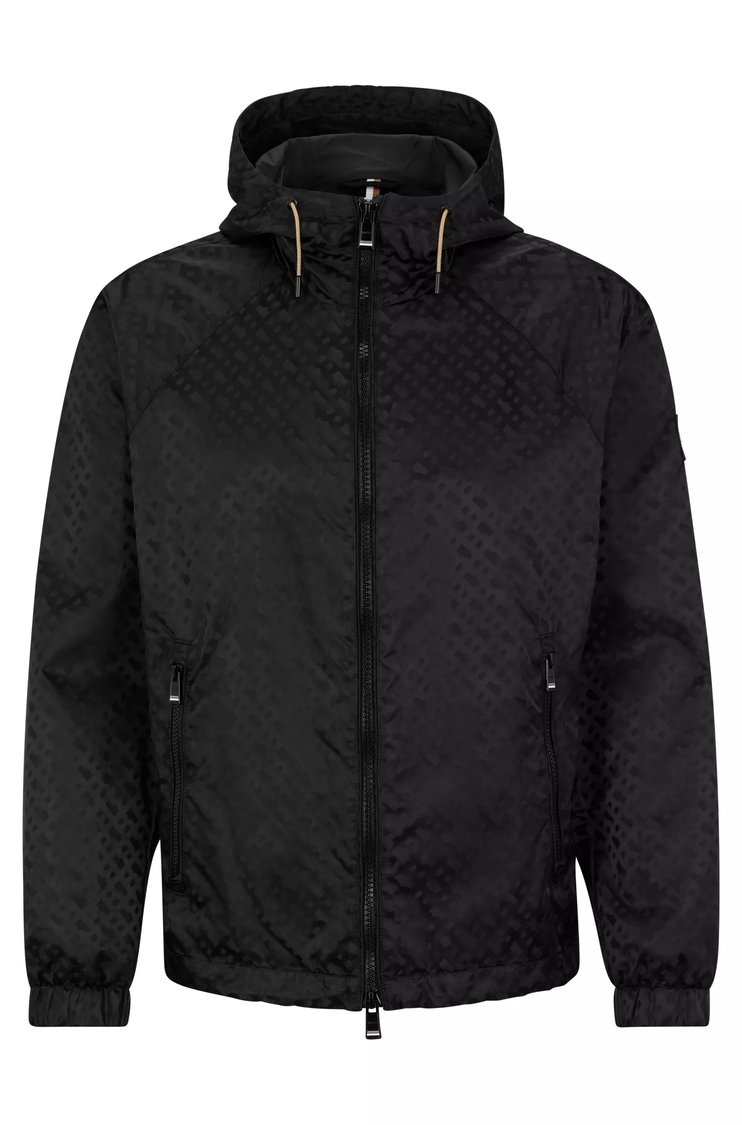 Jaqueta com capuz BOSS preta, repelente à água, com jacquard de monograma.