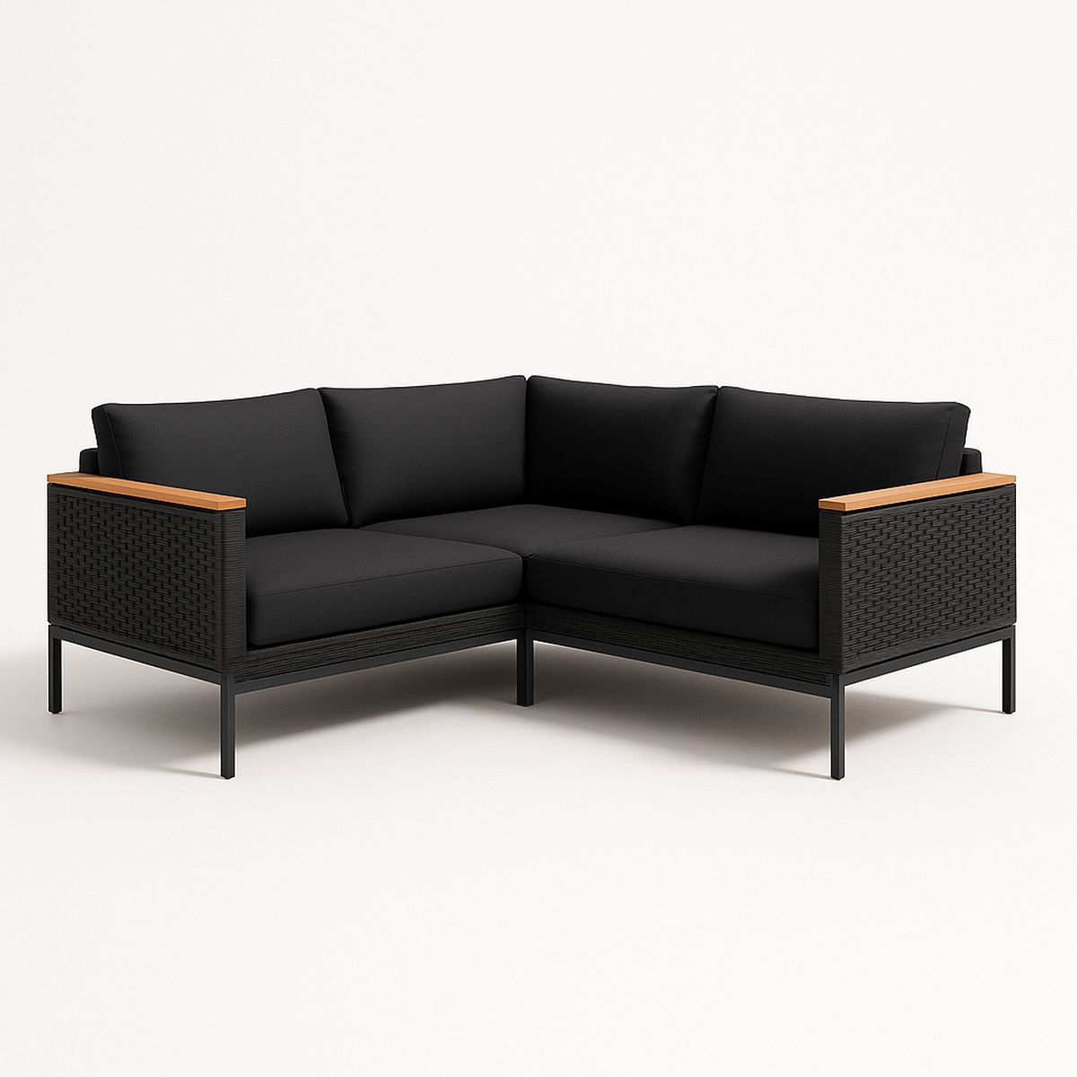 Ecksofa Set Polyrattan Aluminium Schwarz Holzarmlehne 210x210 cm