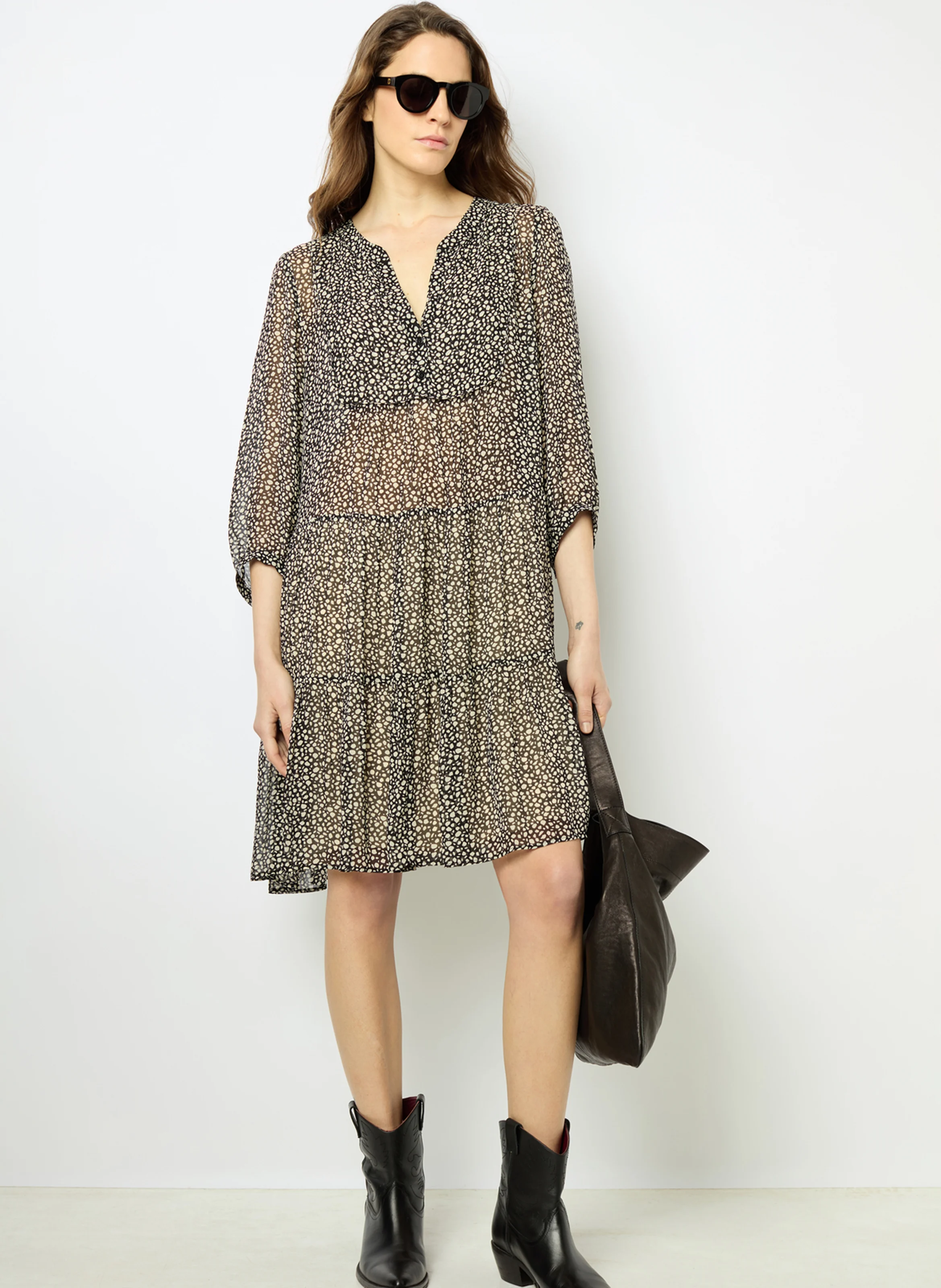 SOLVENN - Robe courte col tunisien | Noir
