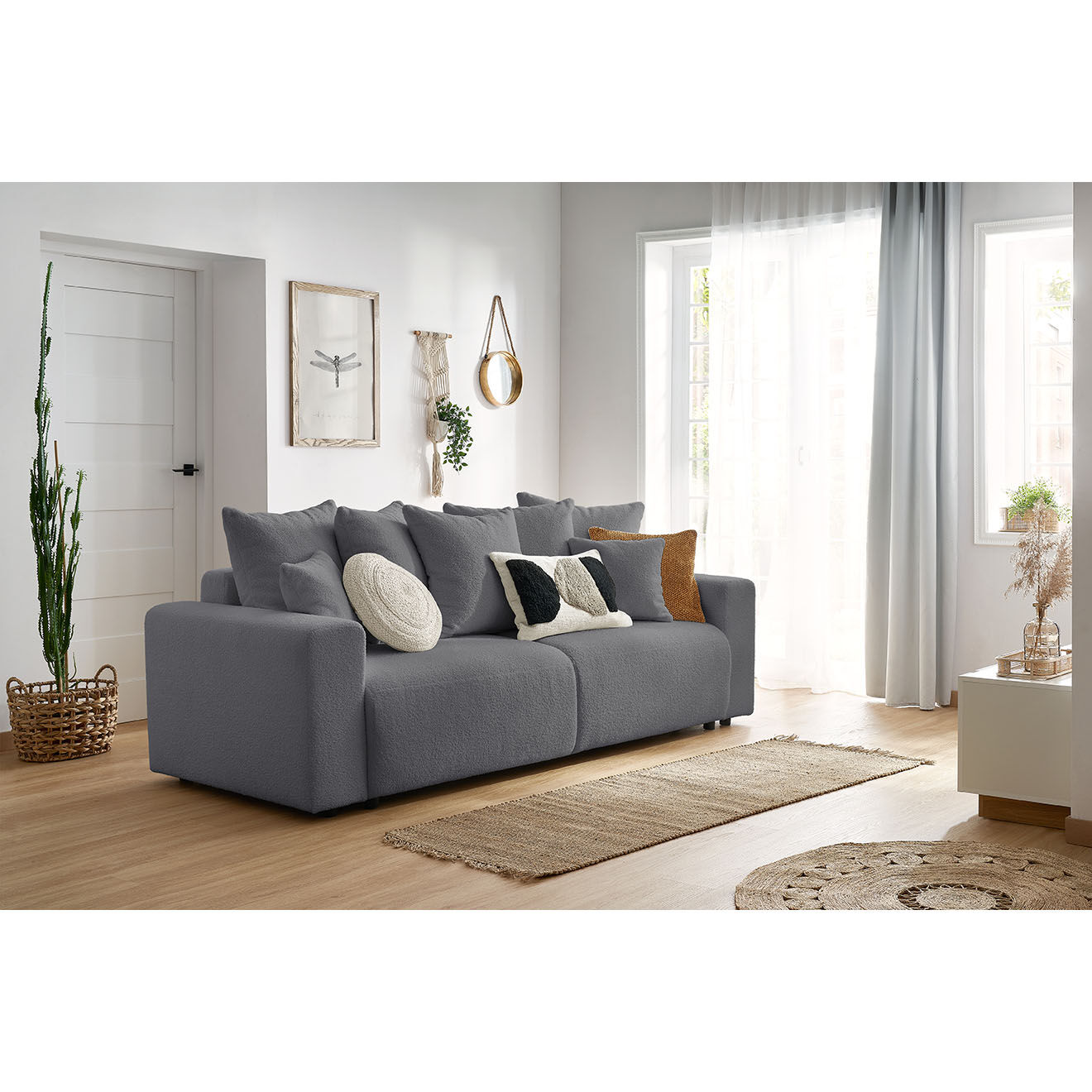 Bobochic Canapé 3 places convertible velours bouclette Envy gris foncé - 245x102x88 cm