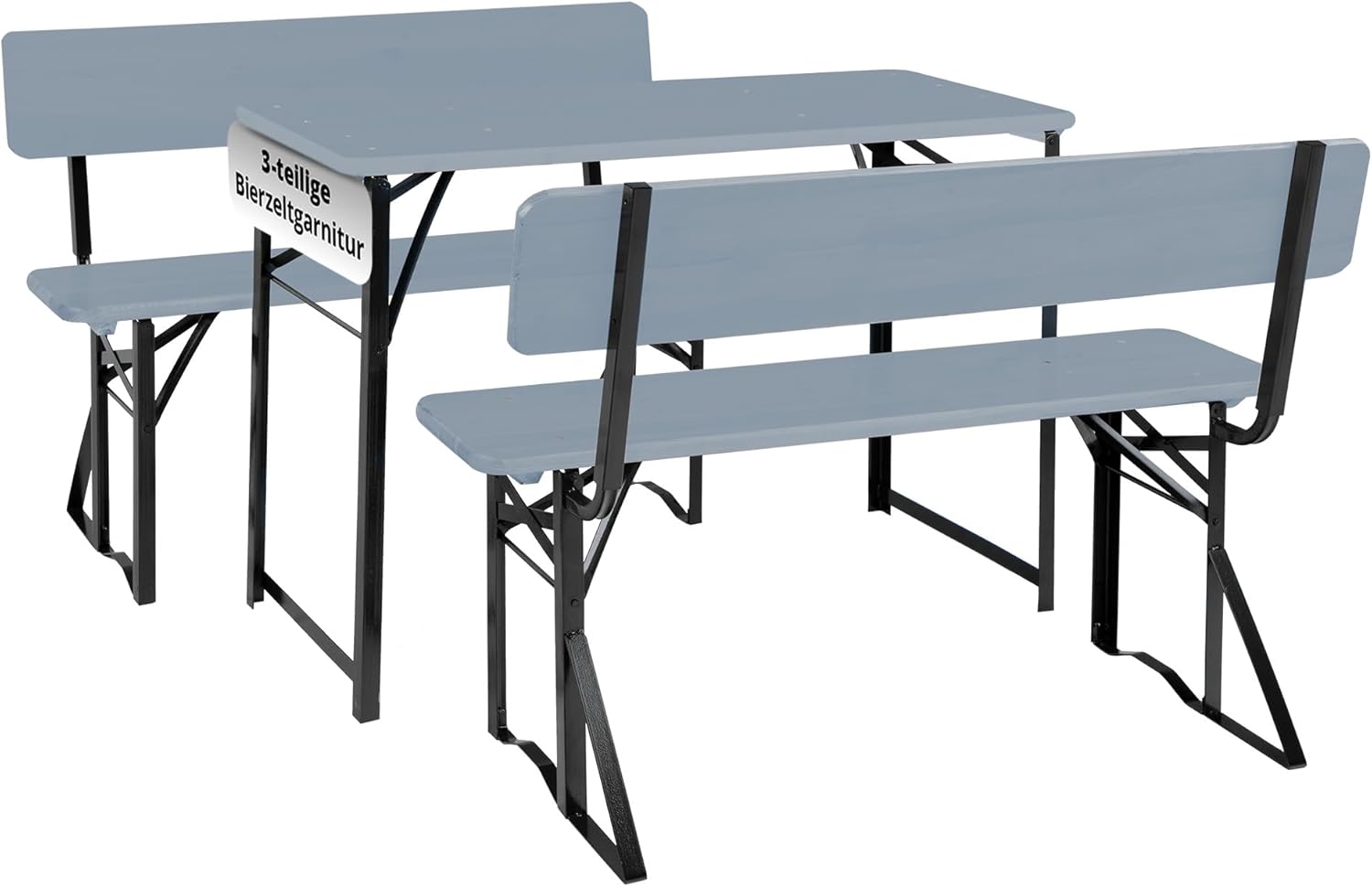 Stagecaptain BBDL-119 GY Hirschgarten Bierzeltgarnitur mit Lehne für Balkon - 119 cm Länge - Klappbare Festzeltgarnitur 1x Tisch, 2X Bank - Holz Sitzgarnitur - Innen & Außenbereich - Grau