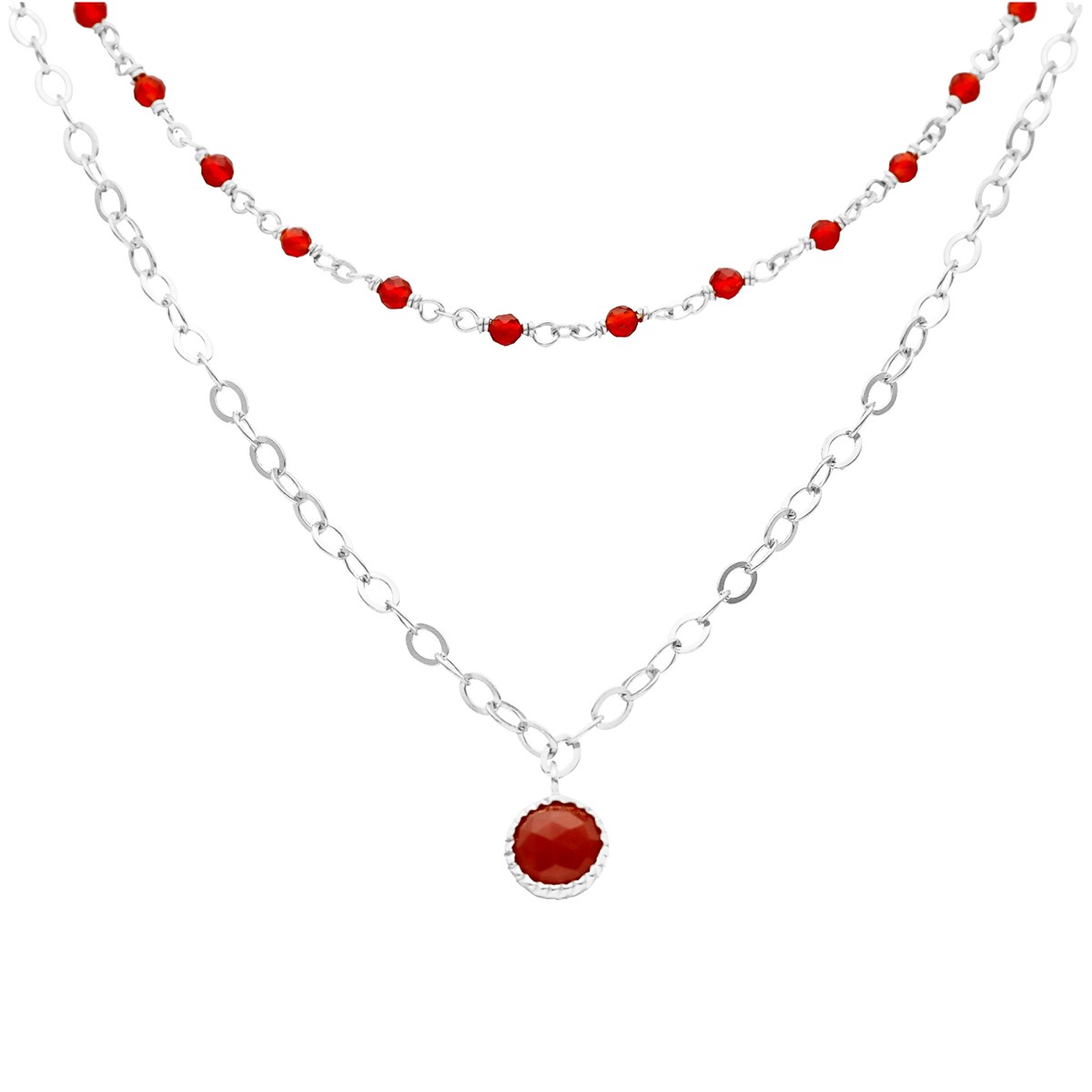 Collier Argent Rhodié Double Chaine Et Pierres Naturelles Onyx Rouge