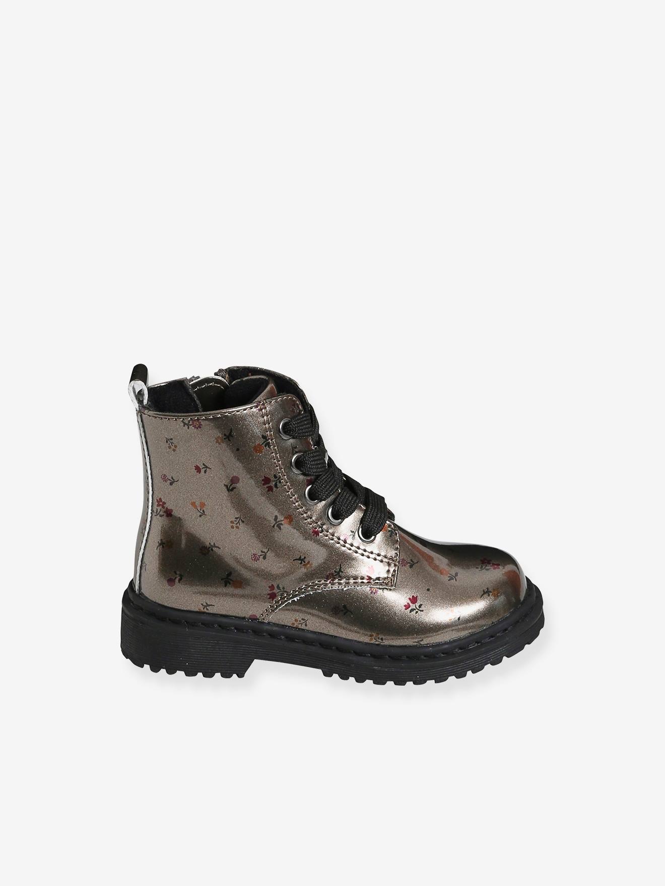 Botas de cano curto estampadas com cadarço e zíper, para bebê menina, estampa cinza médio