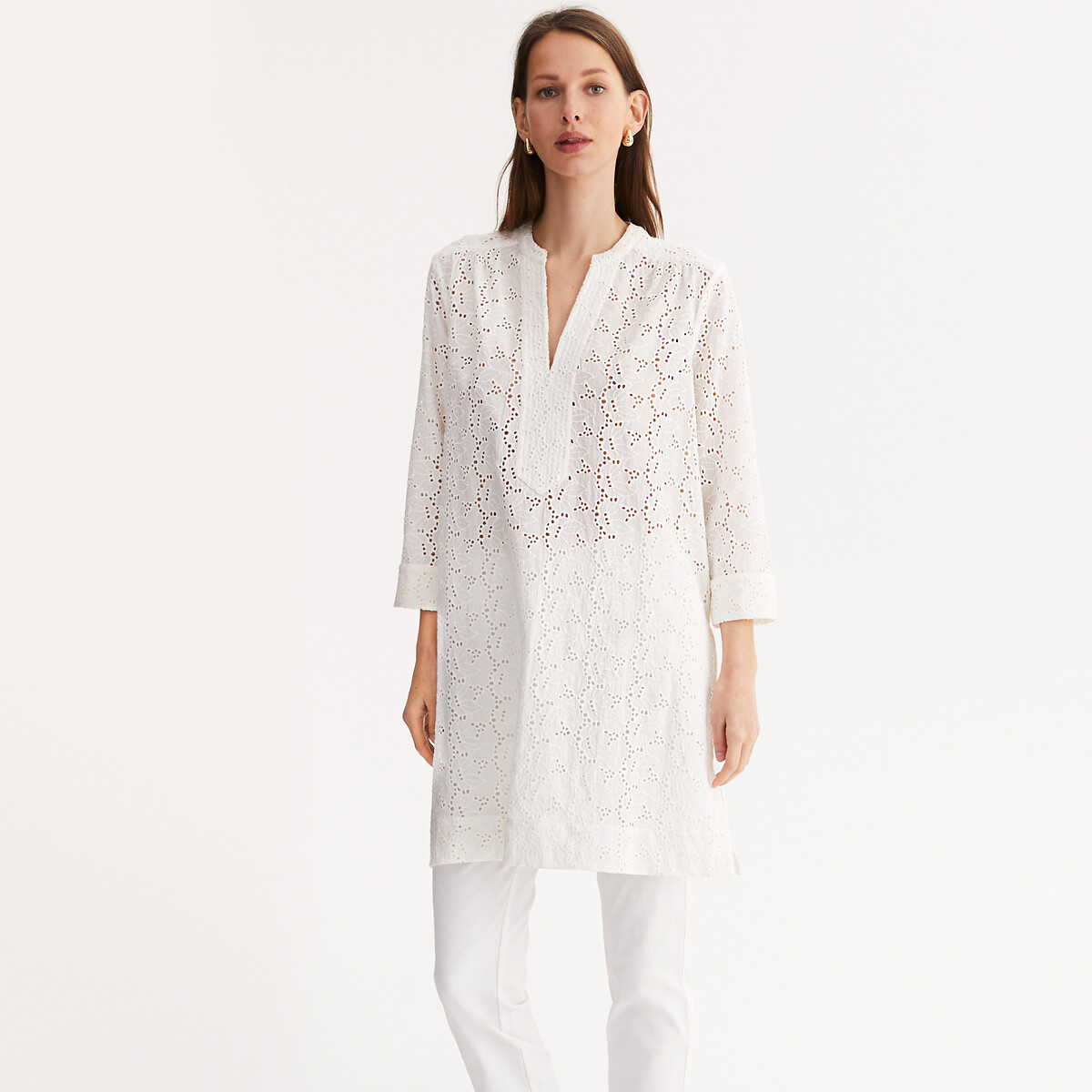 ANNE WEYBURN<br>Túnica bordada com gola tunisiana e mangas 3/4
