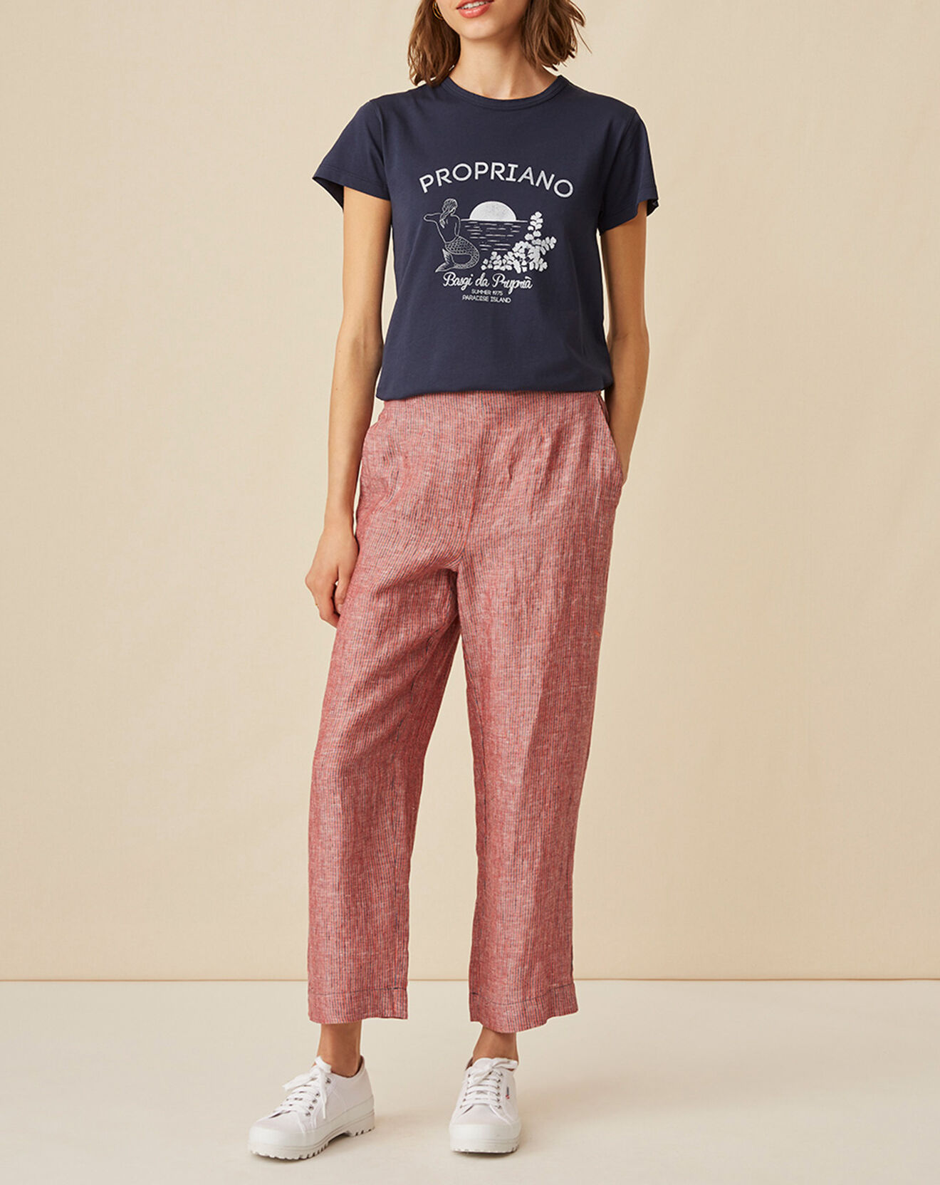 Harris Wilson Pantalon 100% Lin Emmos rayé marine/géranium