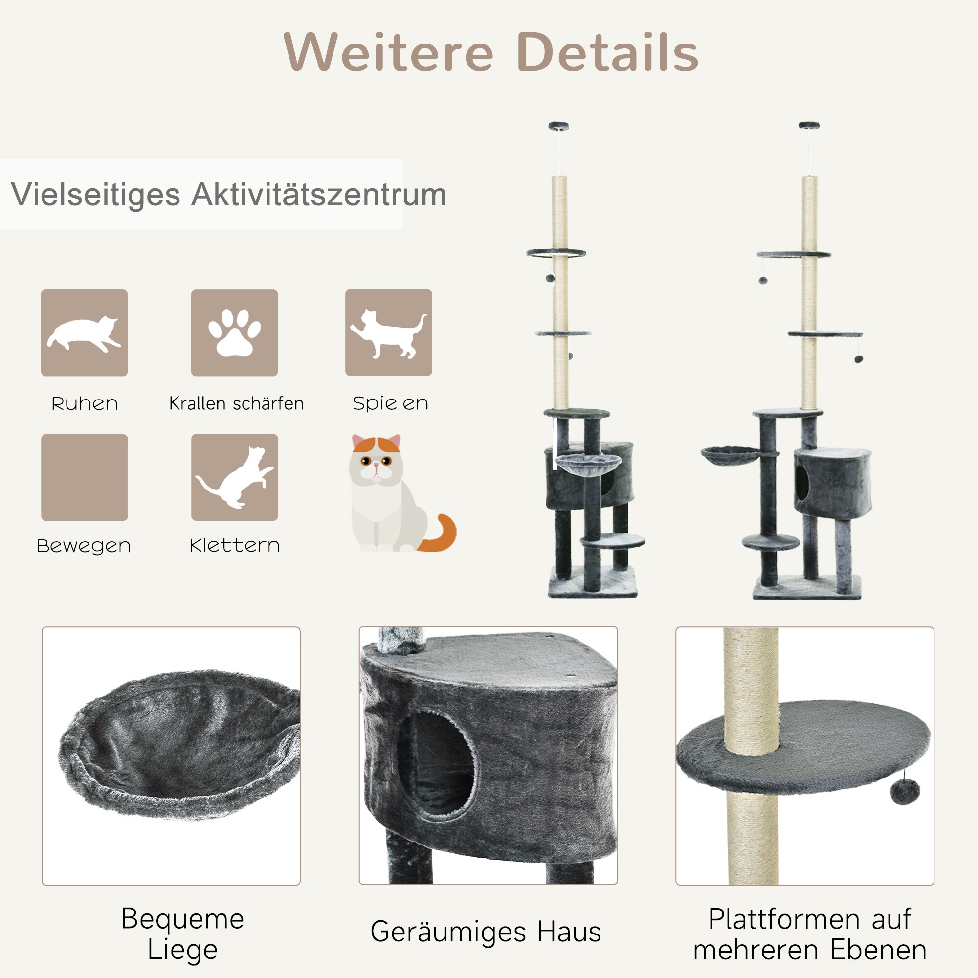PawHut Kratzbaum mit Höhle dunkelgrau 55 x 45 x 240-260 cm (LxBxH)