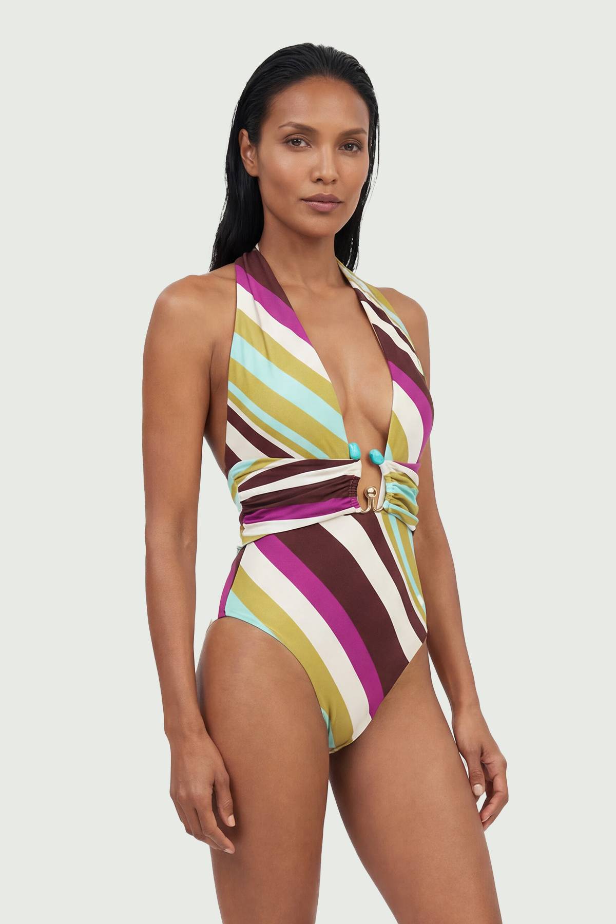 KarenMillen Maillot De Bain Plongeant À Rayures Diagonales Avec Détail En Strass