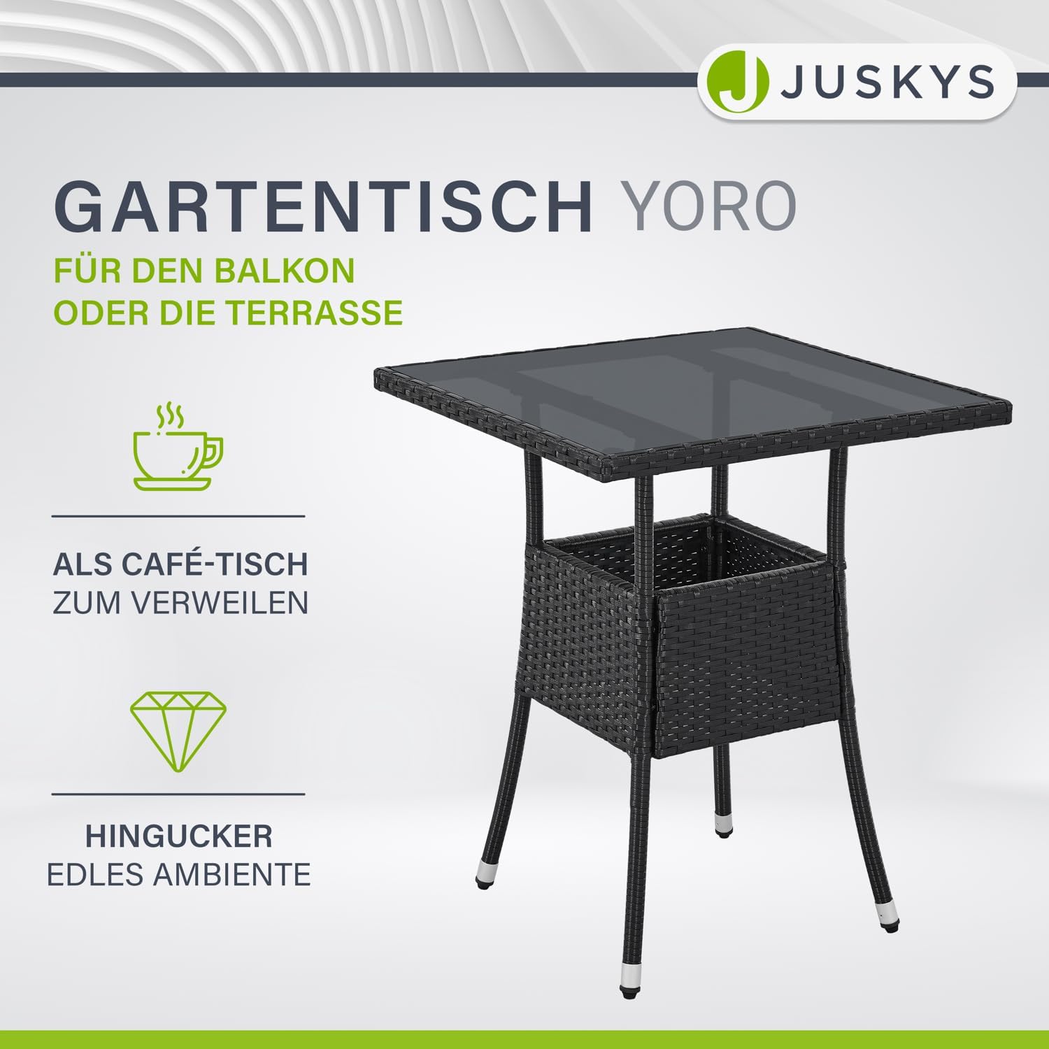 Juskys Polyrattan Gartentisch Yoro wetterfest - Balkontisch 60x60 cm eckig - Rattan Beistelltisch mit Glasplatte - Kleiner Tisch für Balkon - Schwarz AW9411838
