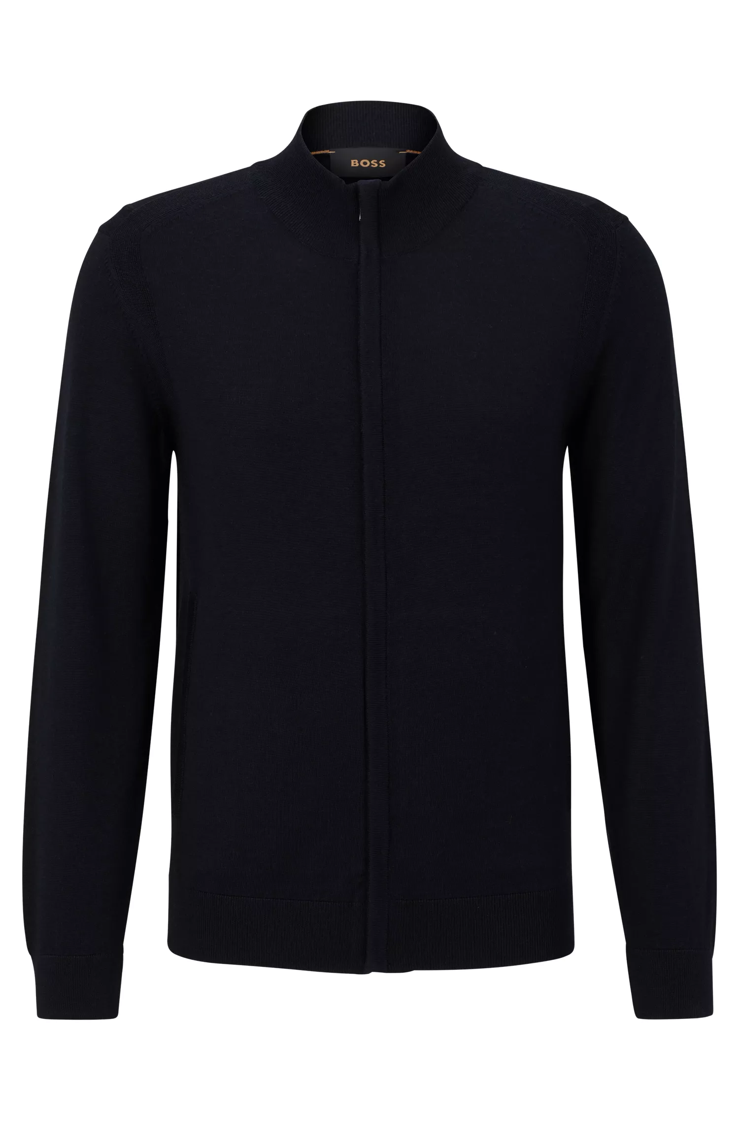 Cardigã BOSS Camel tricotado em lã, seda e cashmere.