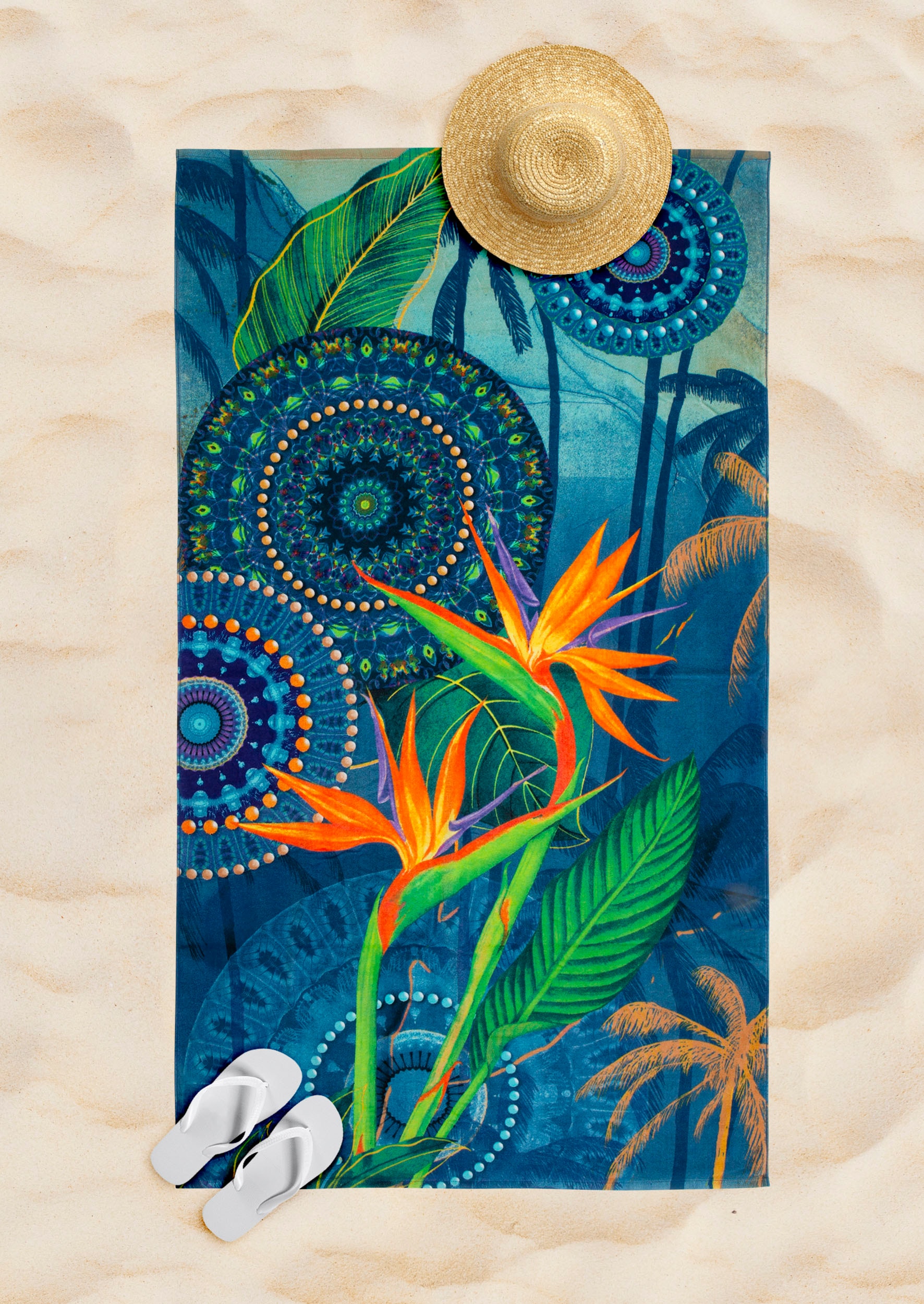 hip Strandtuch »Novia« Baumwolle, Velours, 100x180, Weich, Strand, Mandala, Strelitzie, Blau
