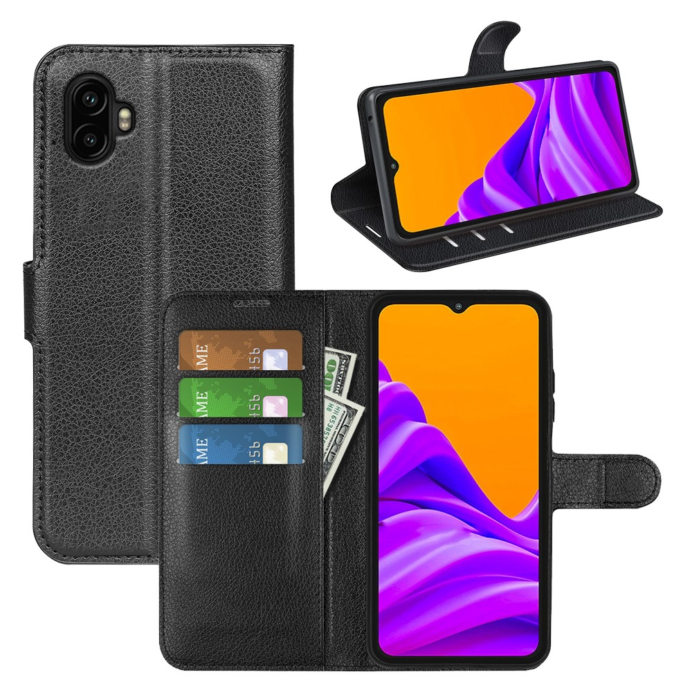 Samsung Galaxy Xcover7 Pro Leder Tasche Flip Cover Litchi Look mit Kartenfächer - Schwarz