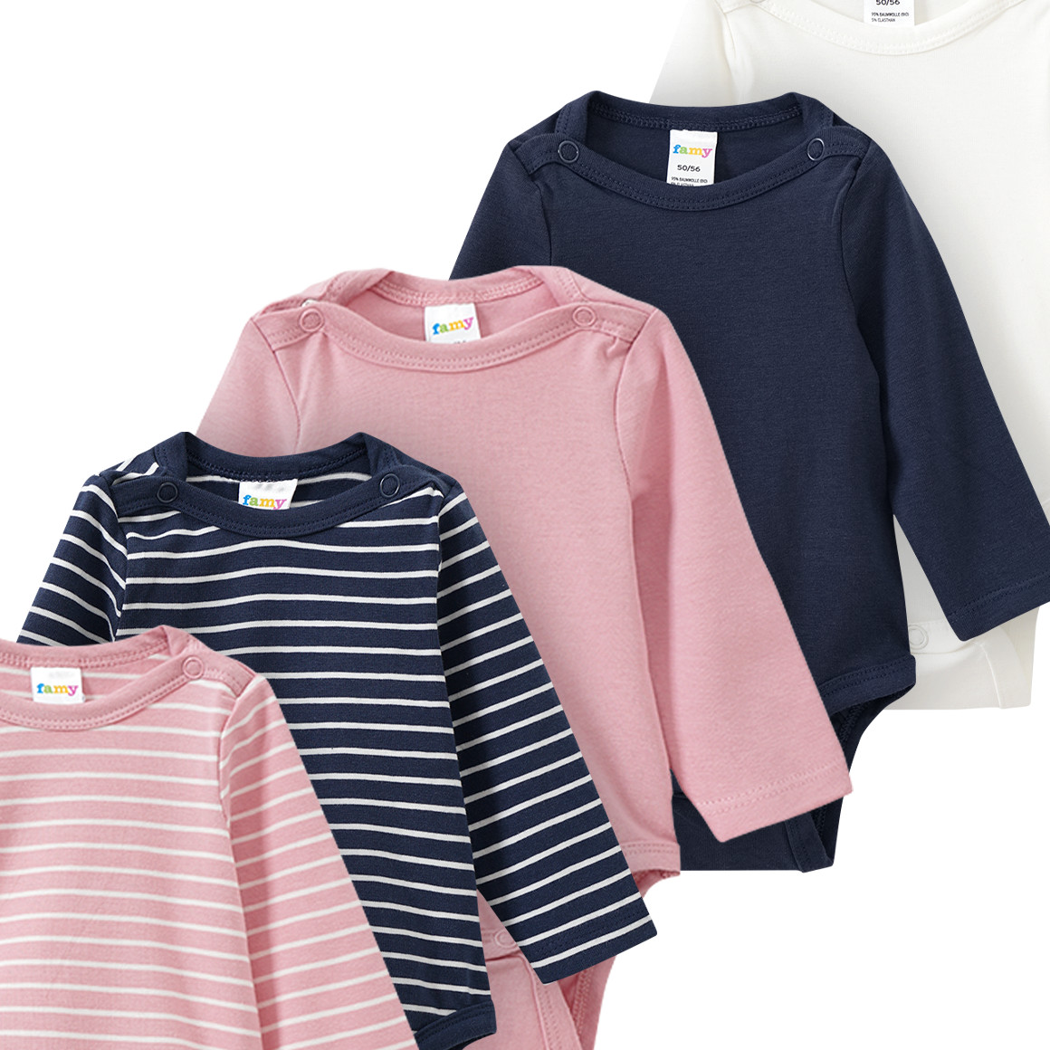 Famy 5 Baby Bodys in verschiedenen Dessins rosa / dunkelblau / weiss