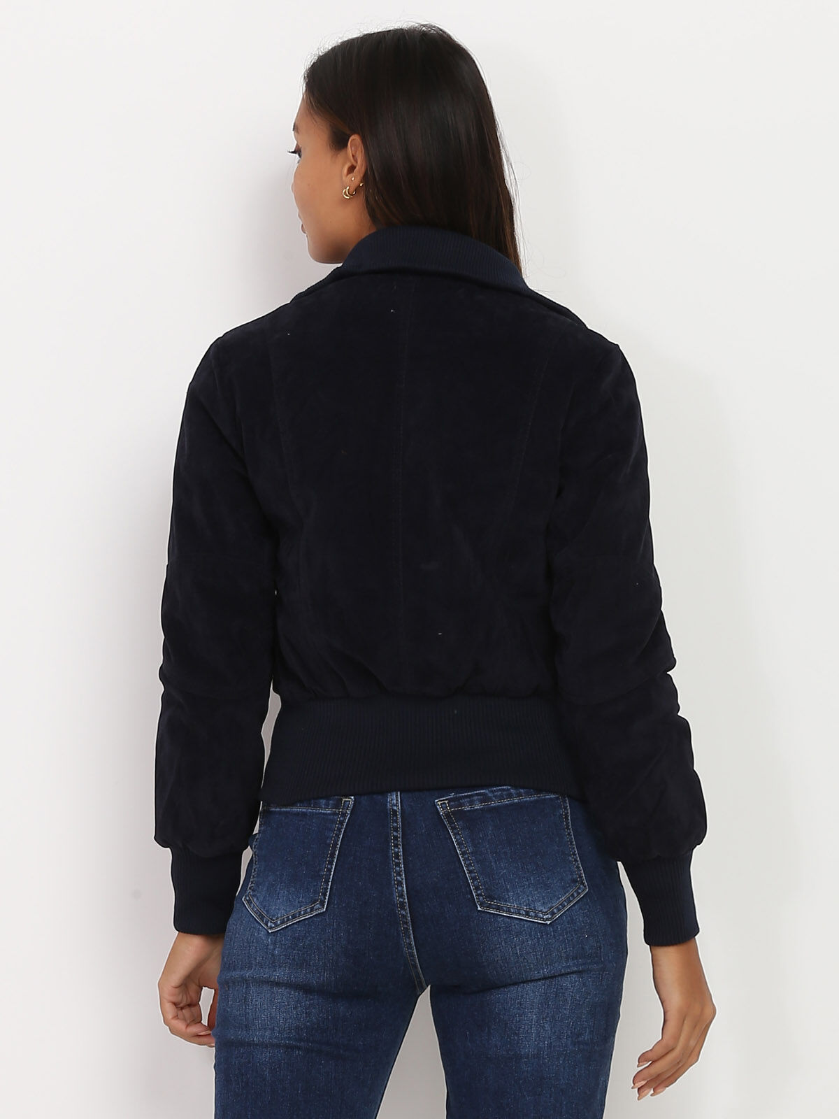 Bomber en suédine à poches zippées- Bleu marine
