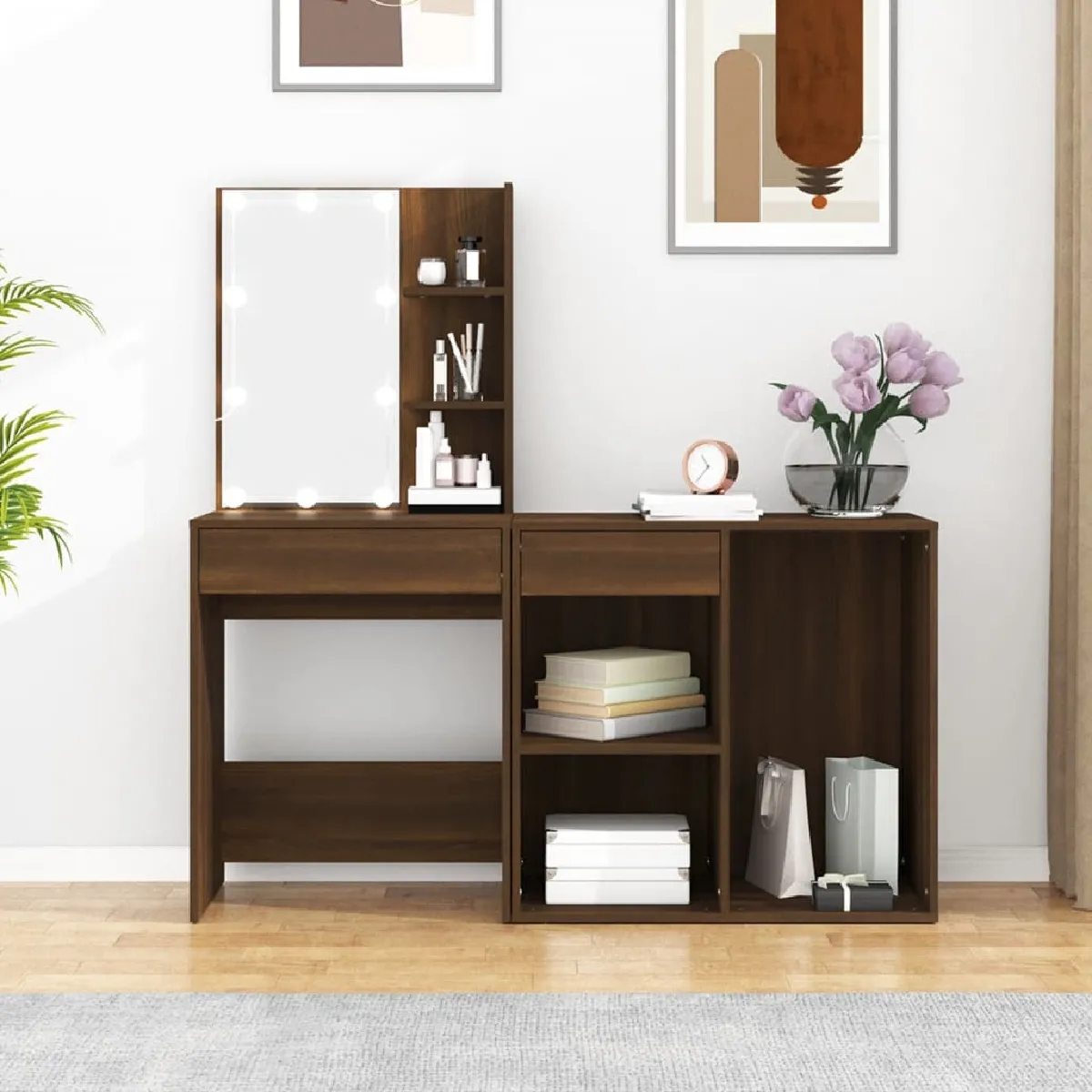 vidaXL Coiffeuse à LED Chêne marron avec armoire