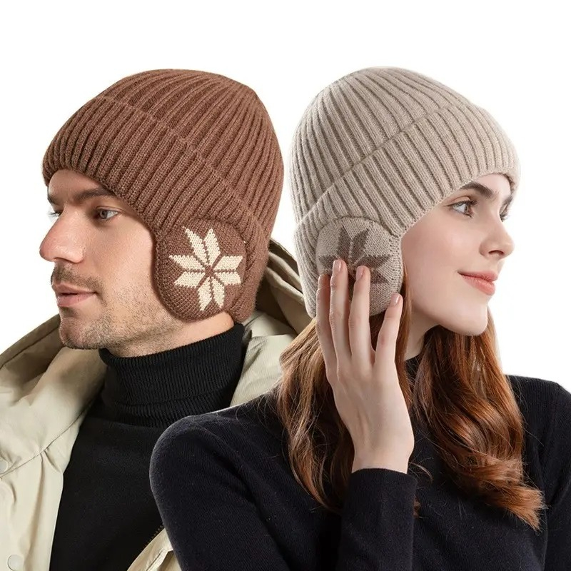Unisex Strickmütze Ohrenwärmer Winter Mütze Schneeflocken Design (One Size) - Schwarz