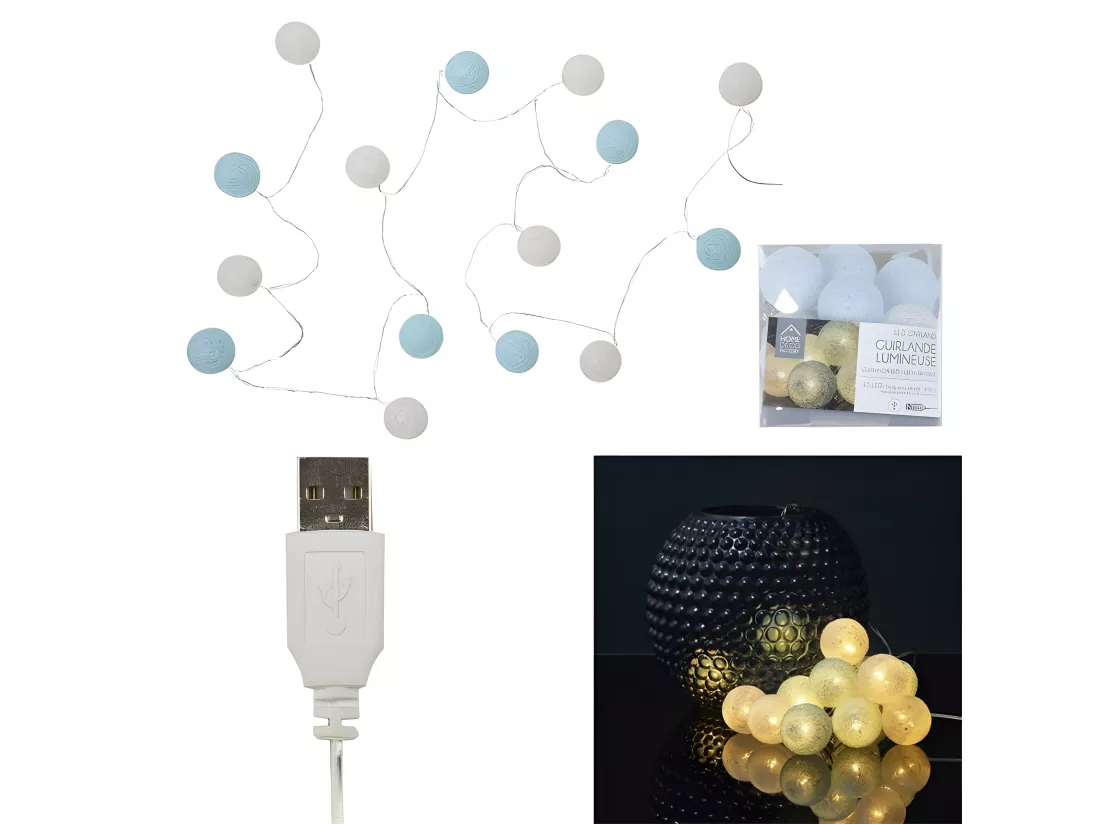 Guirlande Boule Usb 15 Led Blanc Bleu