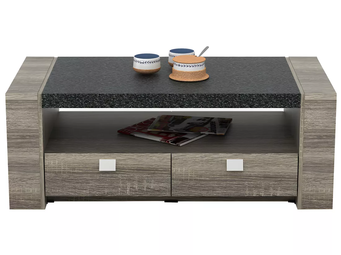 Table basse METEORITE - 2 tiroirs - MDF plateau effet granite
