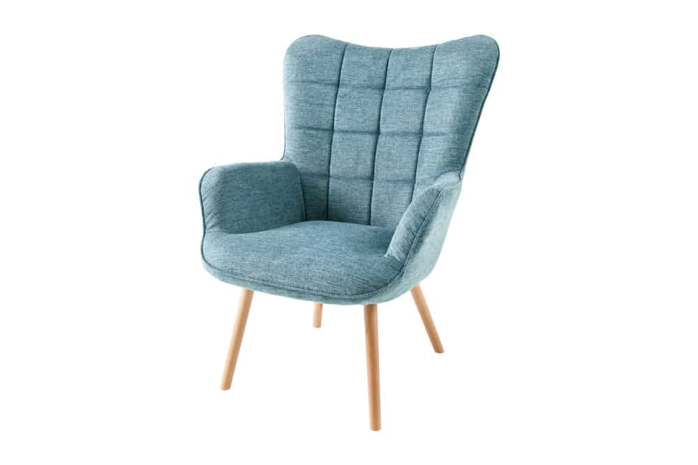 Moderner Sessel SCANDINAVIA blau Strukturstoff Massivholz-Beine mit Armlehnen