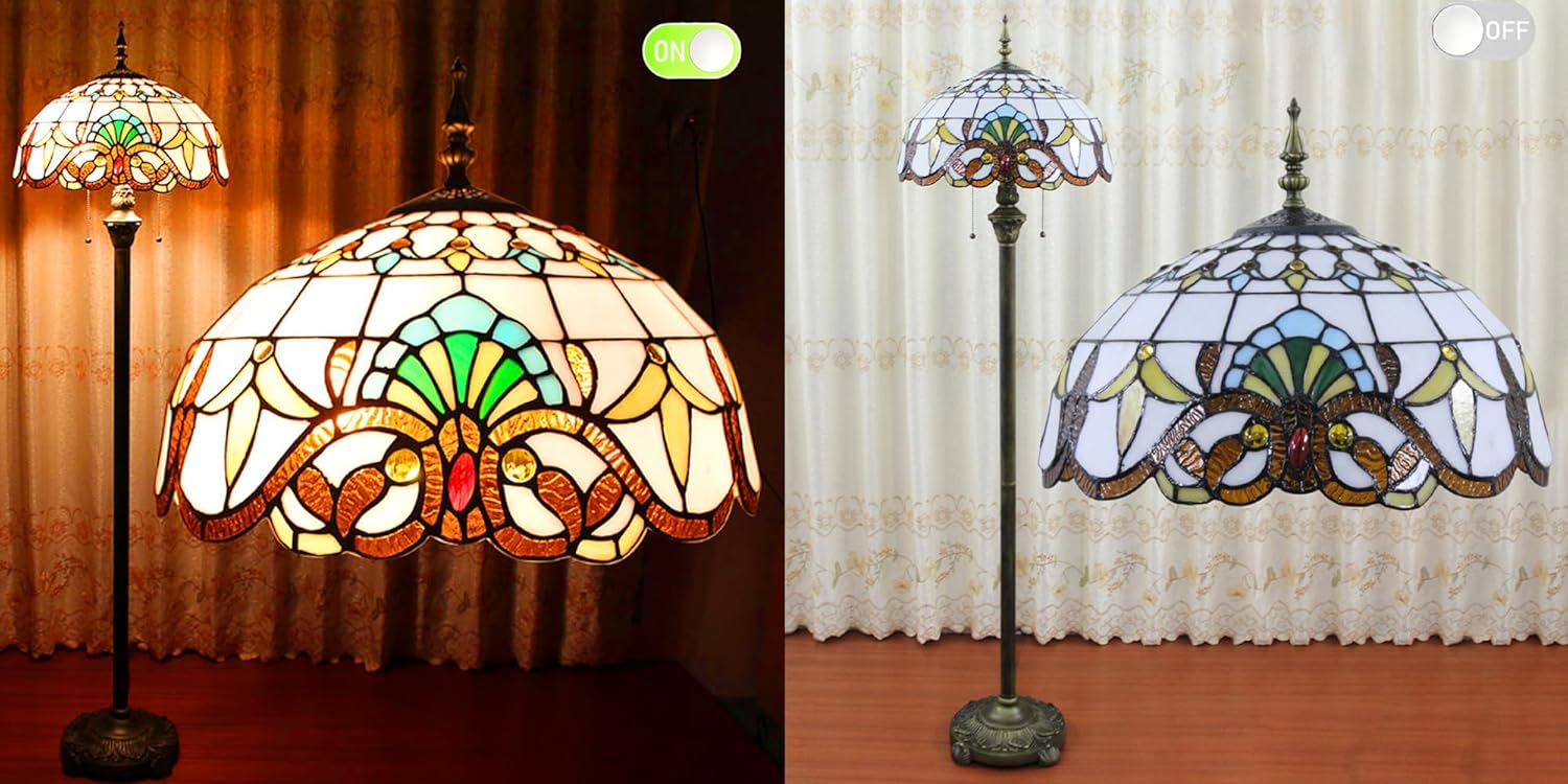 Stehlampe Tiffany Stil Vintage Lampe Groß,Boho Orientalische Art Deko Steh Leselampe,16 Zoll Buntglas Lampenschirm,Barock Antike Bogenlampe für Wohnzimmer Schlafzimmer,Mit 2 x E27 Birne (F-1)