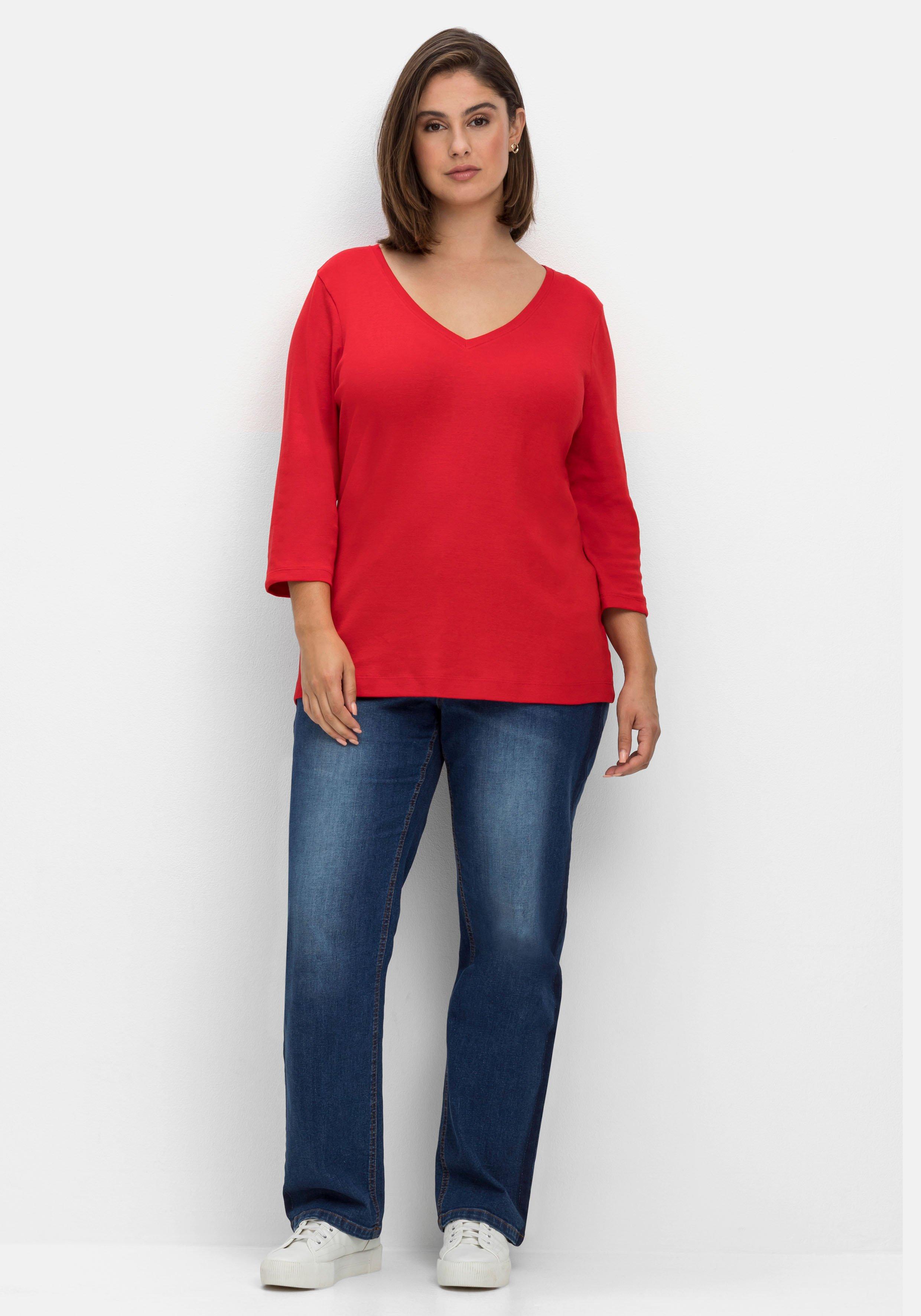 Shirt mit 3/4-Arm und V-Ausschnitt, in Rippqualität