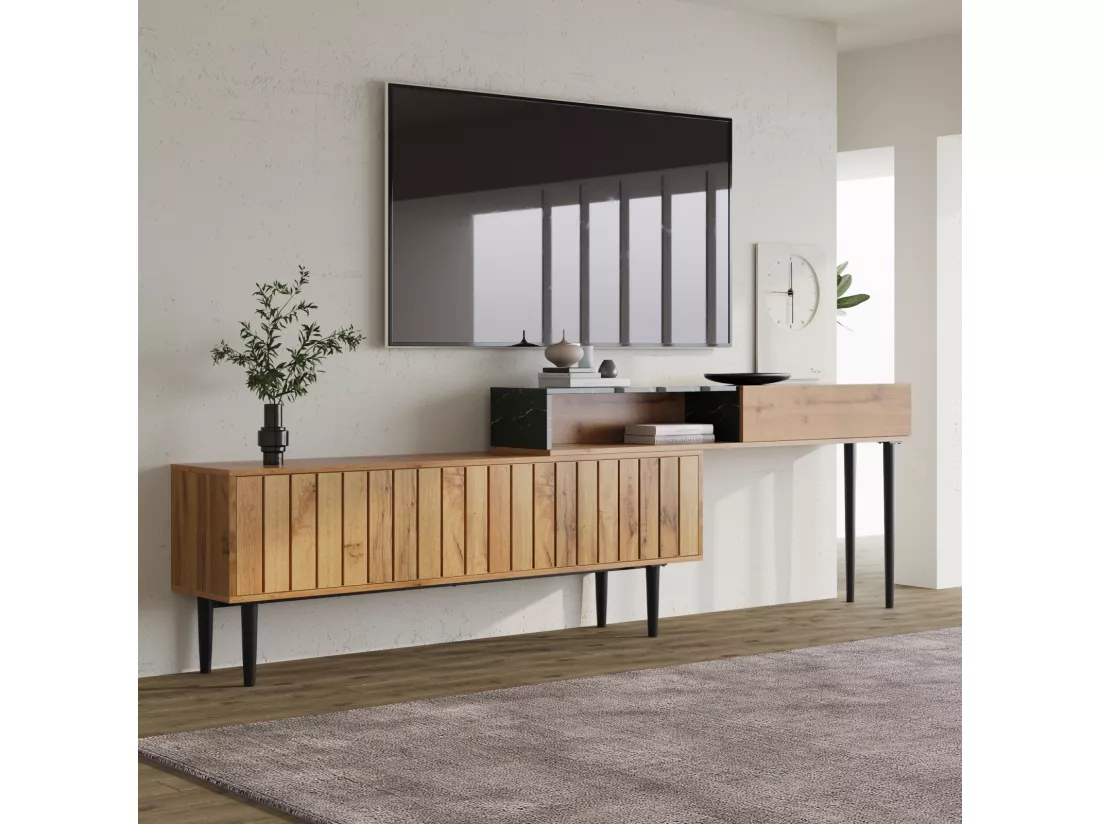 Meuble TV moderne avec design de marbre et de veines de bois -bord en PVC, pieds en fer, couleur bois foncé - 129x30x58cm