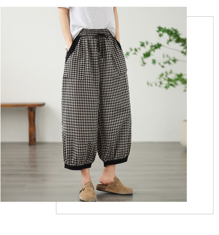 Lewwe - Geruite cropped harembroek met trekkoordtaille