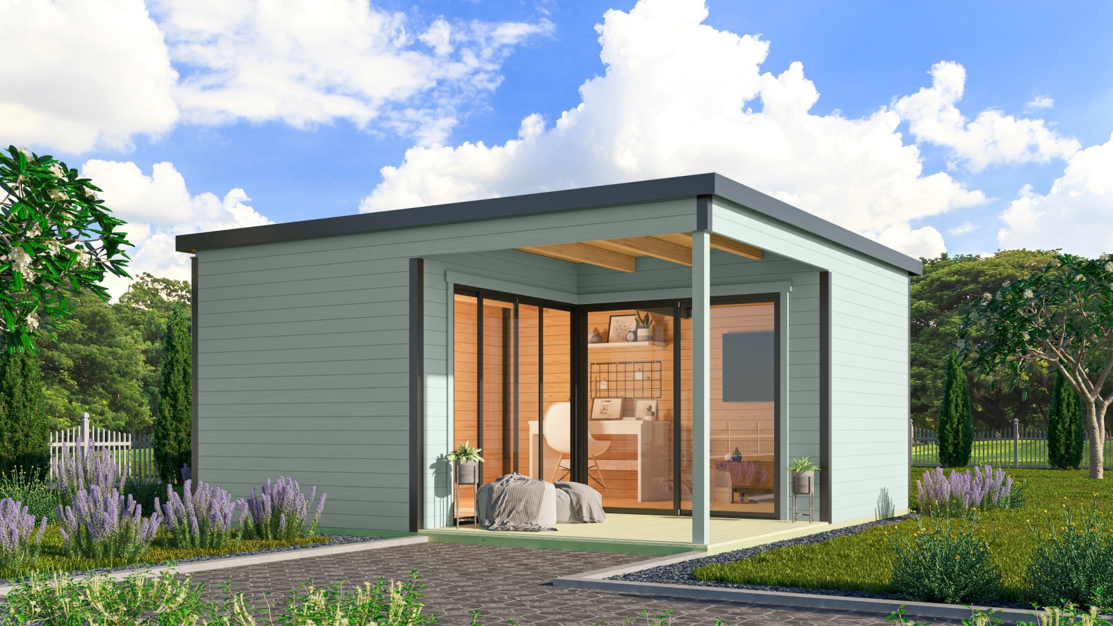 Gartenhaus DOMEO 6 LOGGIA - gletschergrün-anthrazit - Fichte massiv - 500x500 cm