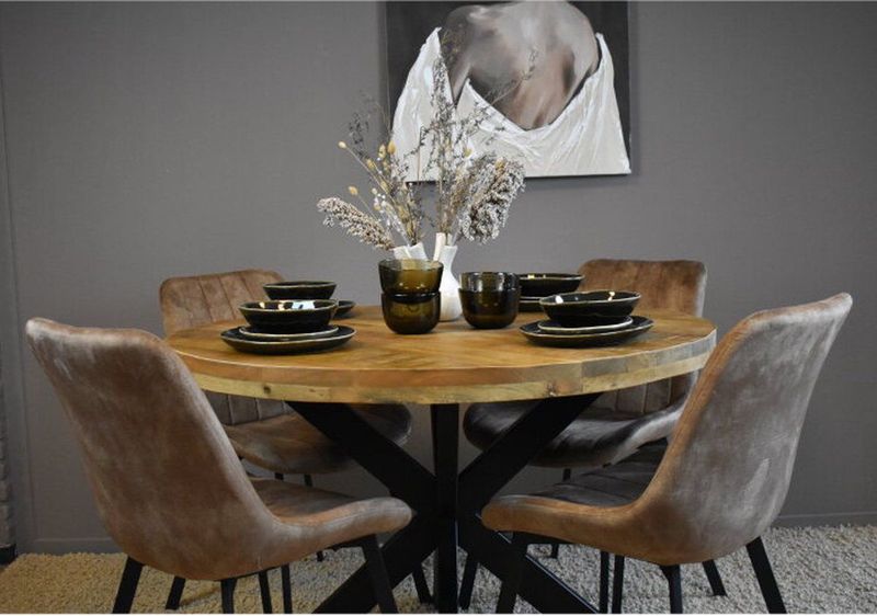 Combideal - Ronde Eettafel - Mangohout - Met 4 Antraciet Austin Stoelen