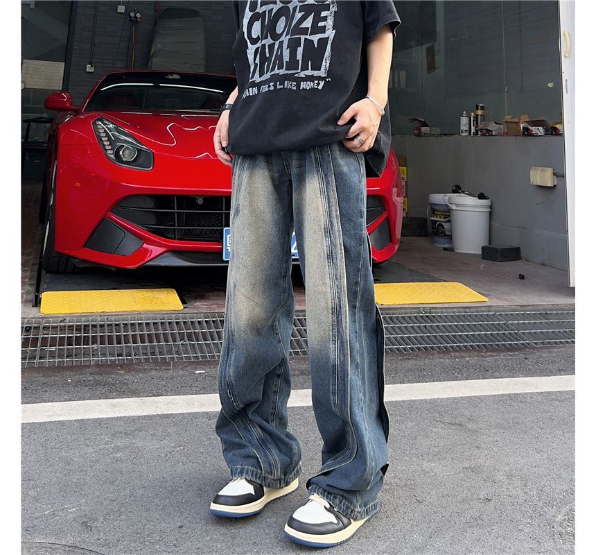 Hushgrain - Mid Rise Washed Panel Straight Leg Jeans