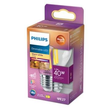 Philips LED kogel E27 40W filament helder warmglow dimbaar