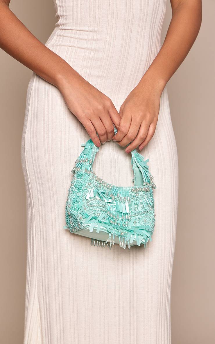 Bleu Aqua Sac Orné De Perles Et Sequins