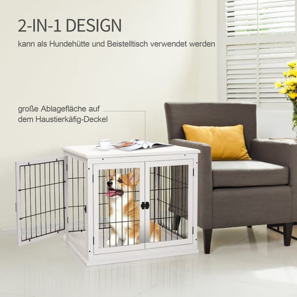 Hundekennel hundehus transportkasse smådyrbur til innendørs bruk hundekasse dyrebur kjæledyr MDF metall hvit 81 x 58,5 x 66 cm
