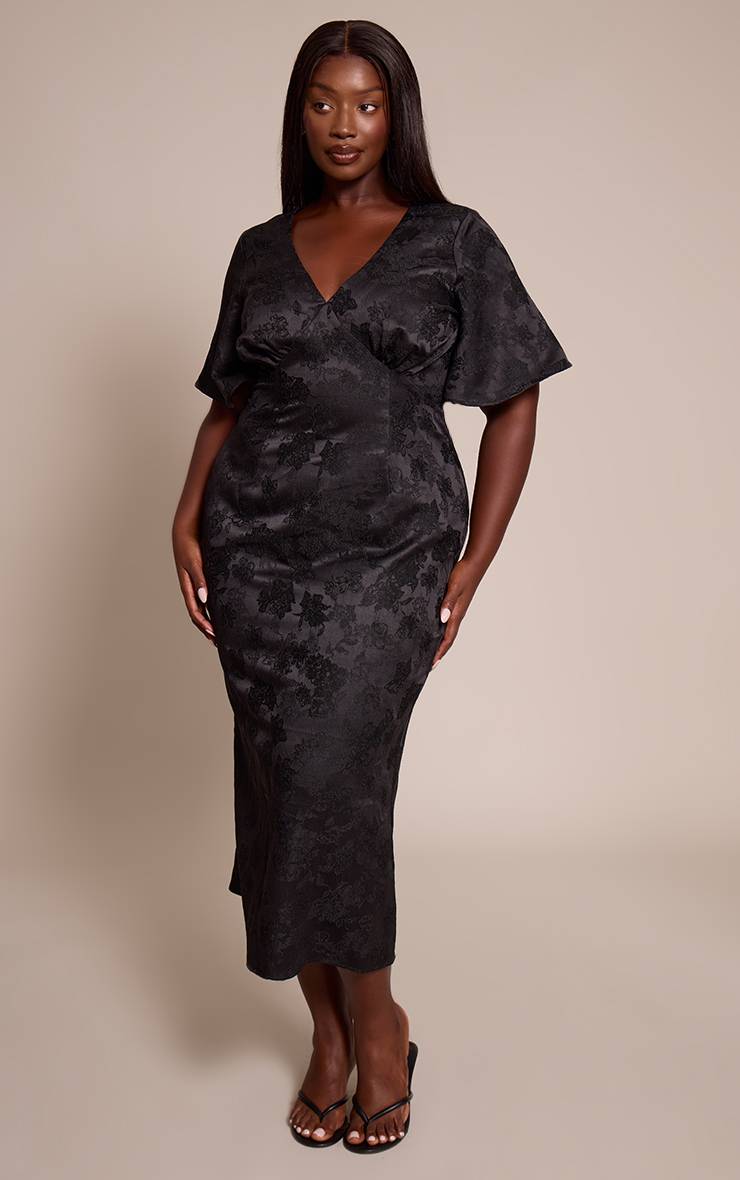 Noir Robe Maxi Grande Taille À Jacquard Floral Manches Bouffantes Et Décolleté Plongeant