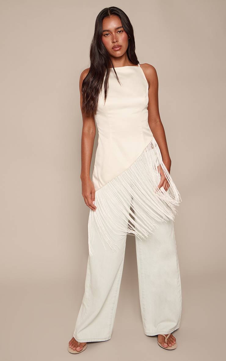 Crème Top Asymétrique En Satin À Ourlet À Franges