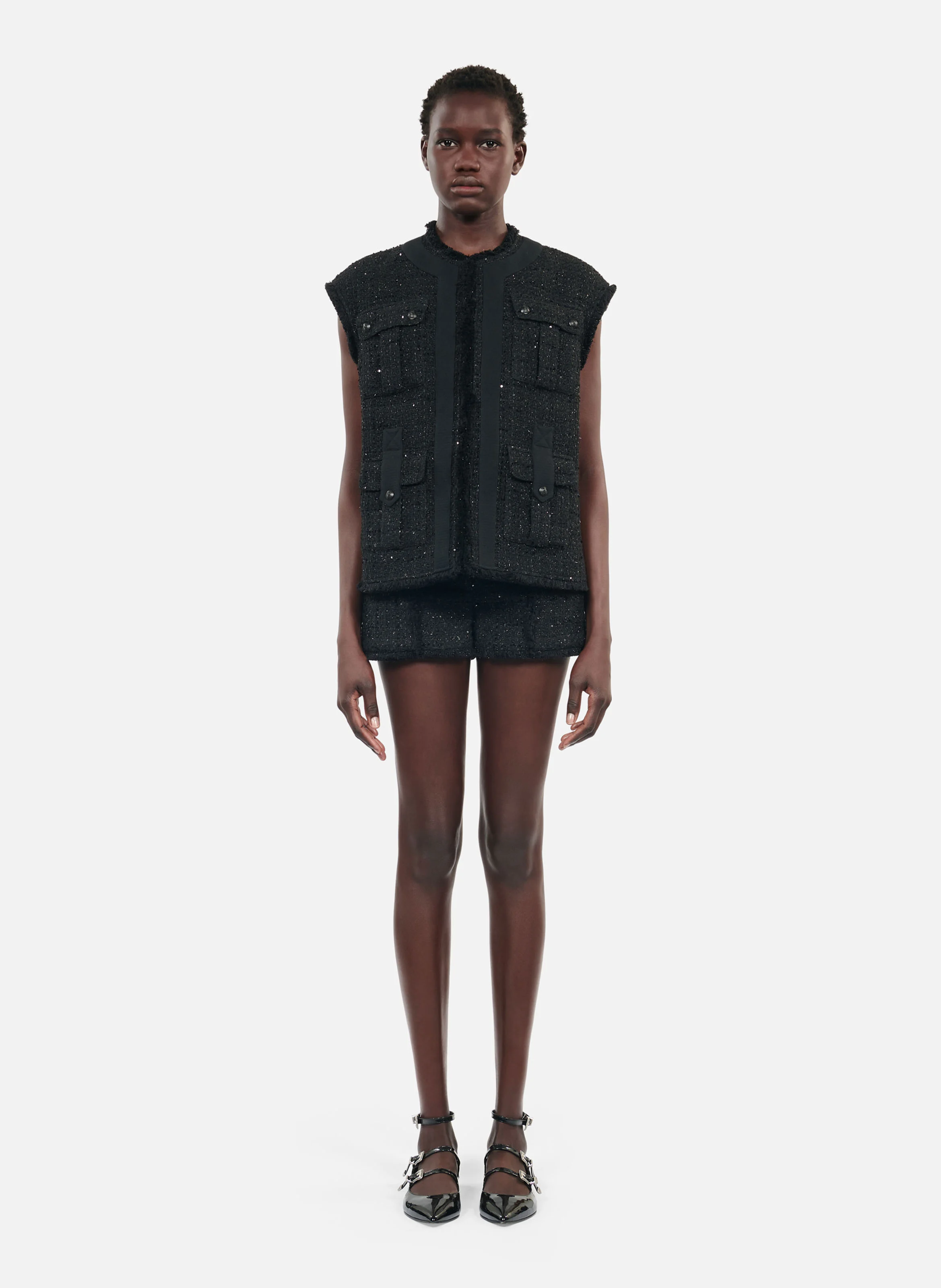 Veste sans manches ample col rond entweed | Noir