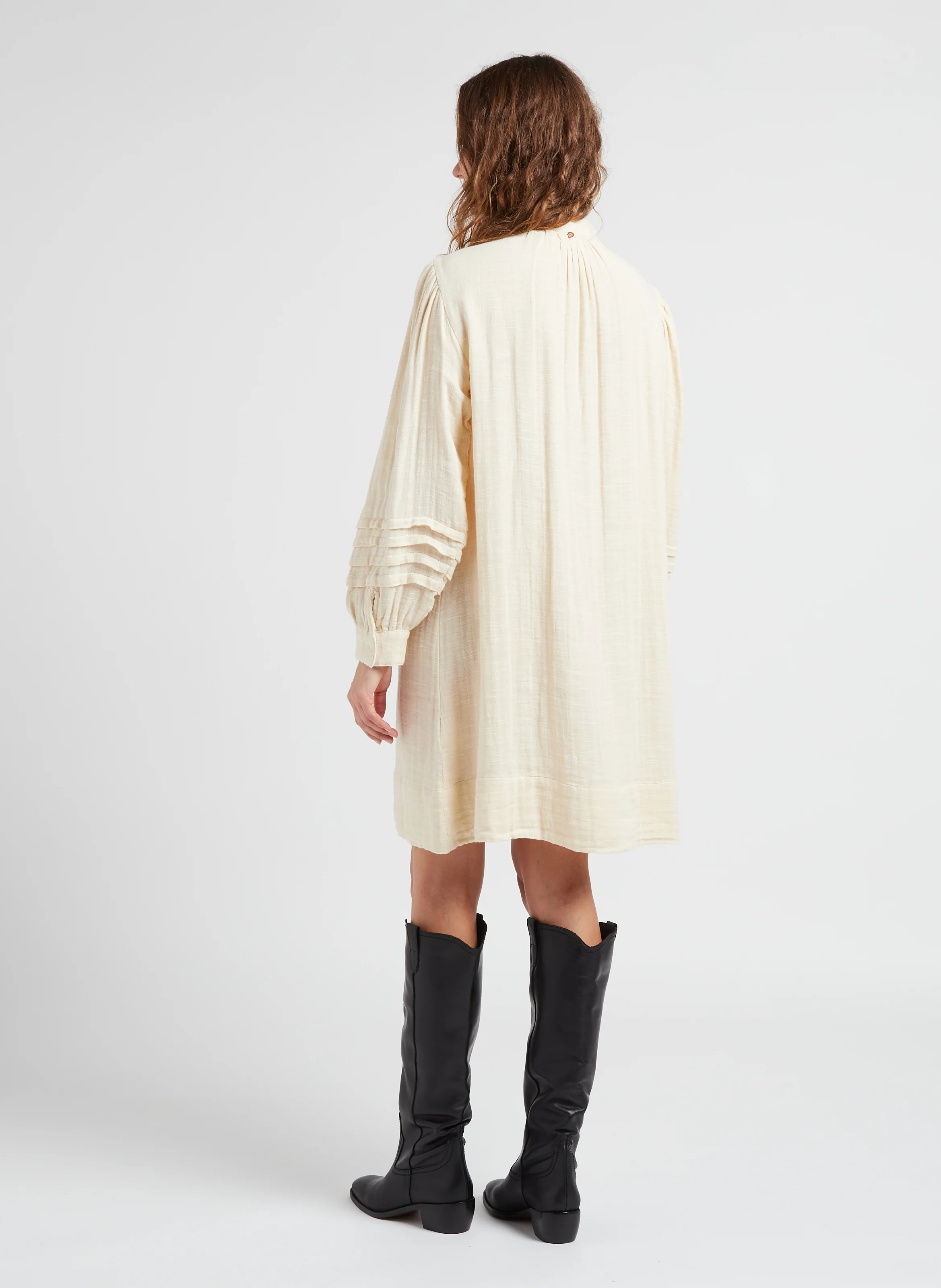 PREETI - Robe mi-longue col rond en coton| Beige