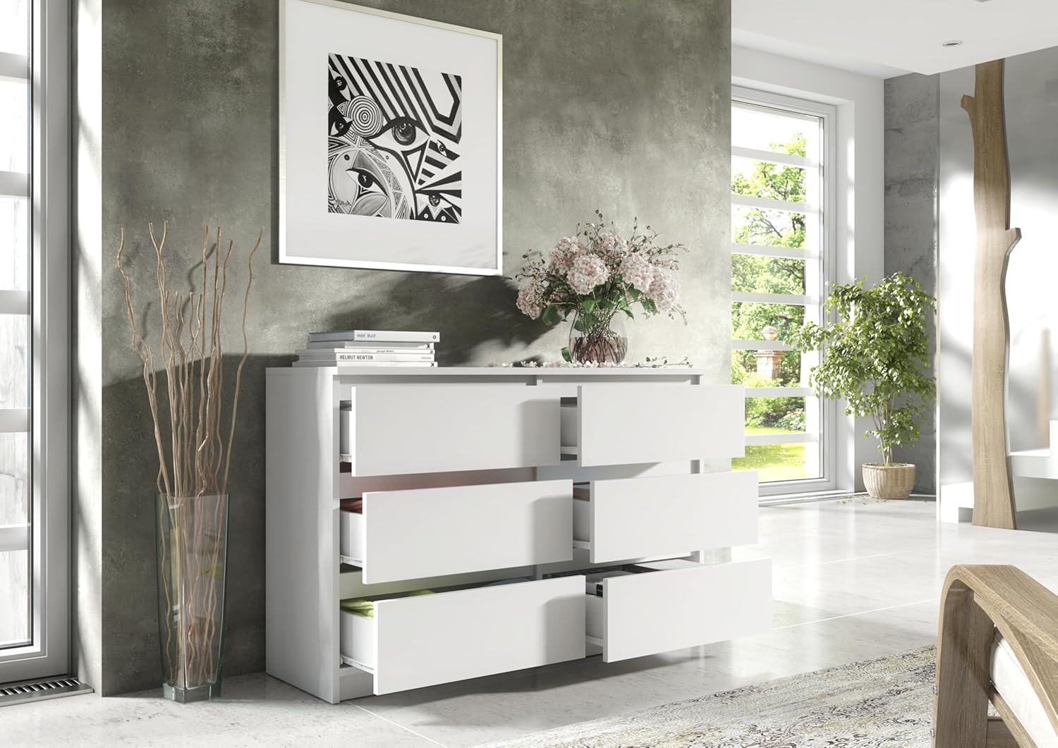 meble masztalerz Kommode 120 cm Breit - Modernes Sideboard - Schrank mit 6 Schubladen - Schubladenschrank - Kommodenschrank für Wohnzimmer, Flur, Schlafzimmer - Weiß 120x78,5x39 cm