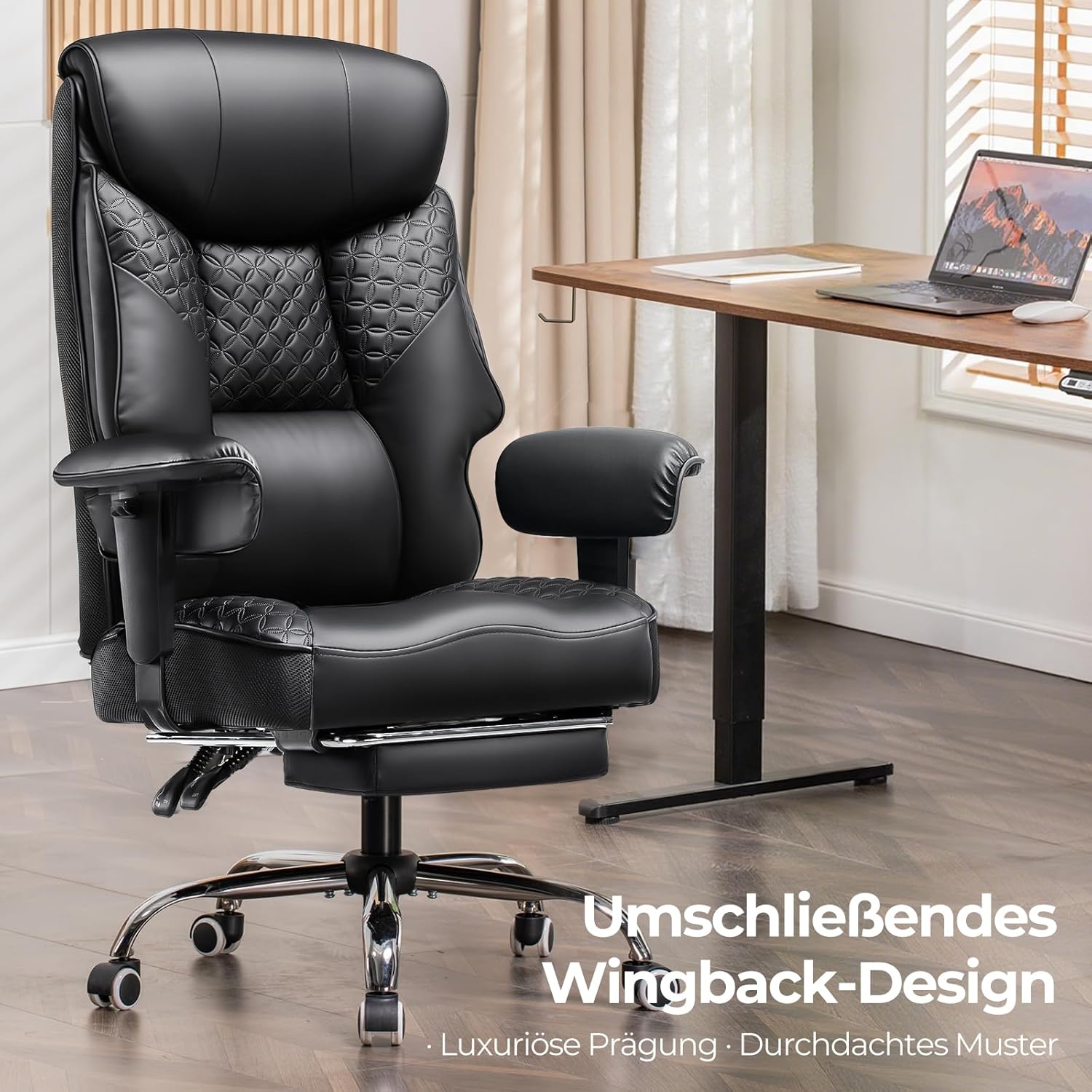 COMHOMA Gaming Stuhl für Große und Schwere Personen, ergonomischer Bürostuhl bis 180 kg, 3D Sitzkissen, verstellbar mit Fußstütze, PU-Leder, hoher Komfort für Büro & Gaming Schwarz