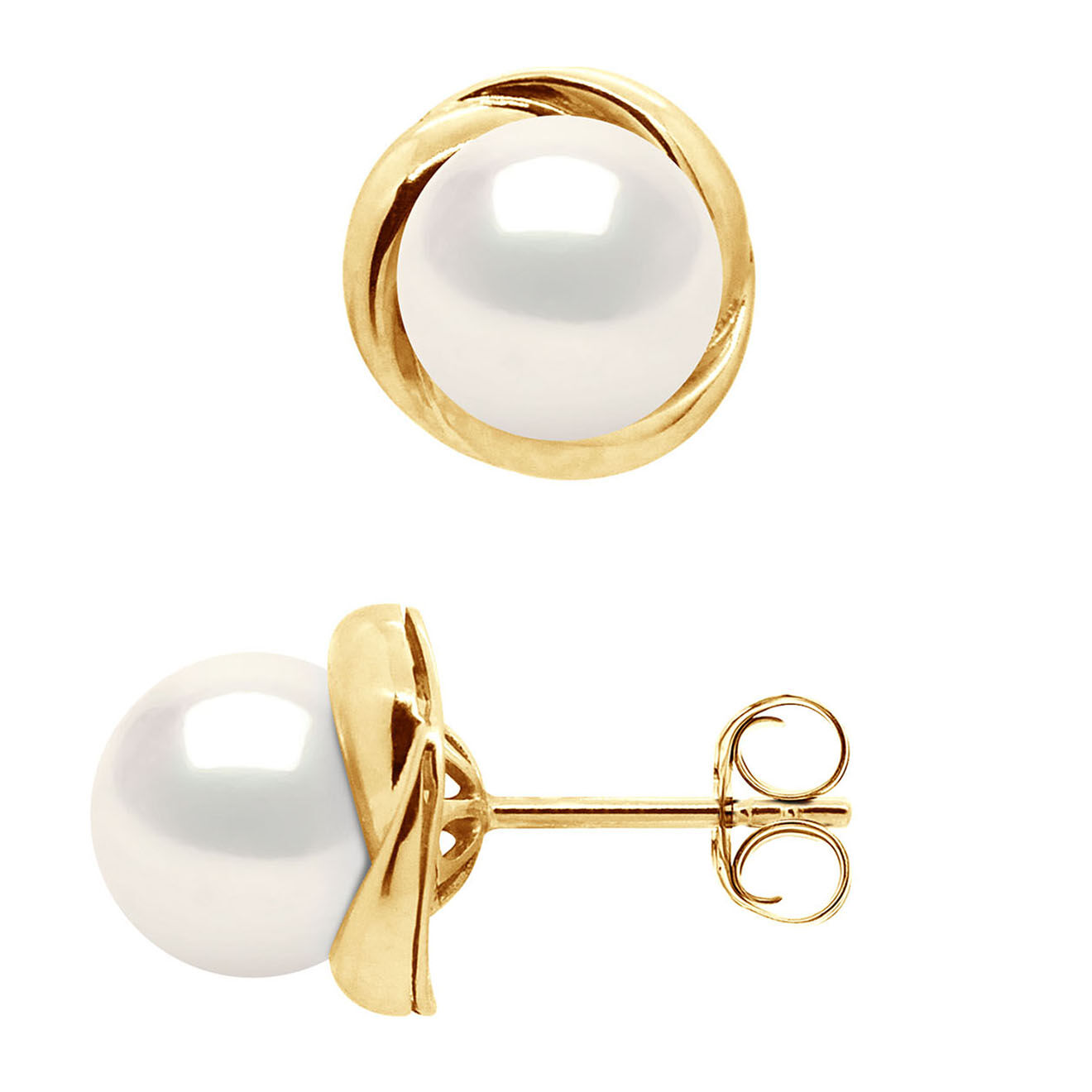 Mitzuko Boucles d'Oreilles Or Jaune & Perles d'Eau Douce rondes blanc naturel