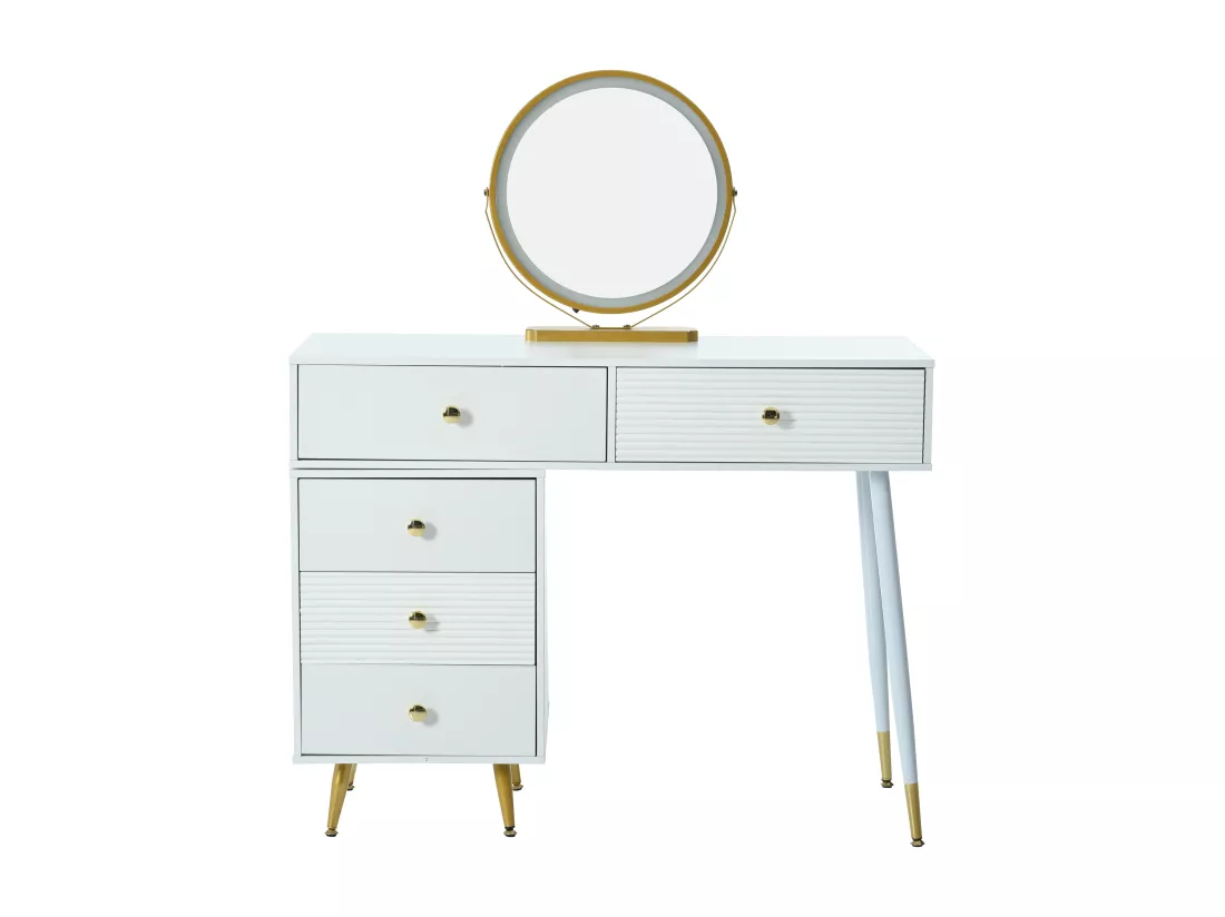 Coiffeuse avec miroir à LEDs - 5 Tiroirs spacieux + Armoire latérale réglable - Bois MDF - Blanc