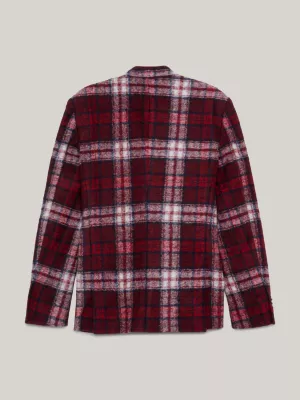 Blazer de corte reto com estampa xadrez tartan, unissex e abotoamento duplo.