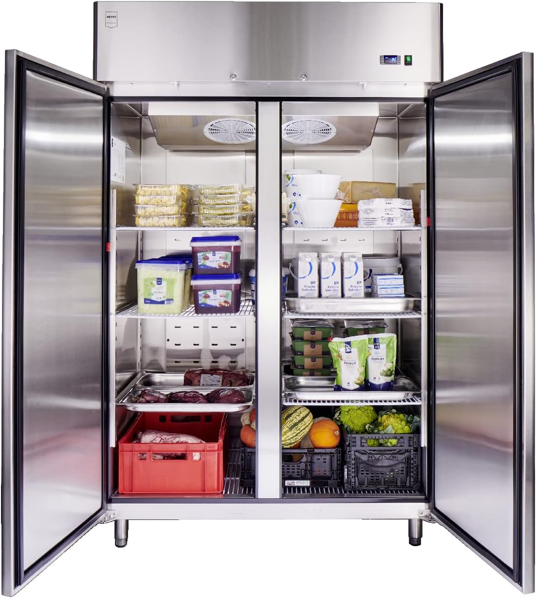METRO Professional Armoire Réfrigérée Négative GFR1400, 131,4 x 80,5 x 206,5 cm, 940 L, Froid Ventilé, 980 W, avec Serrure, argenté, Frigo, Congélateur, 2 portes, Side by Side
