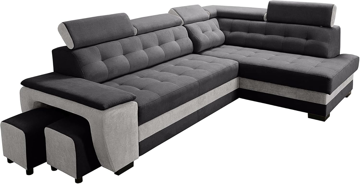 Robin Inspire Grand Ecksofa mit Schlaffunktion Bettkasten Kopfstützen Relaxfunktion 2 Hocker Sofa L-Form Schlafsofa Freistehende Eckcouch Schlafcouch Wohnzimmermöbel Wohnlandschaft Rechts Silber