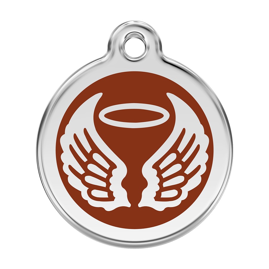 Placa de identificação para cães em aço inoxidável esmaltado com asas de anjo marrons.