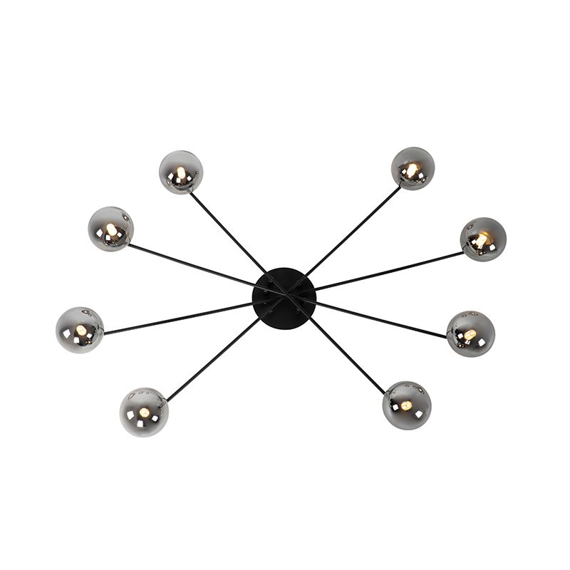 Moderne plafondlamp zwart 8-lichts met smoke glas - Athens