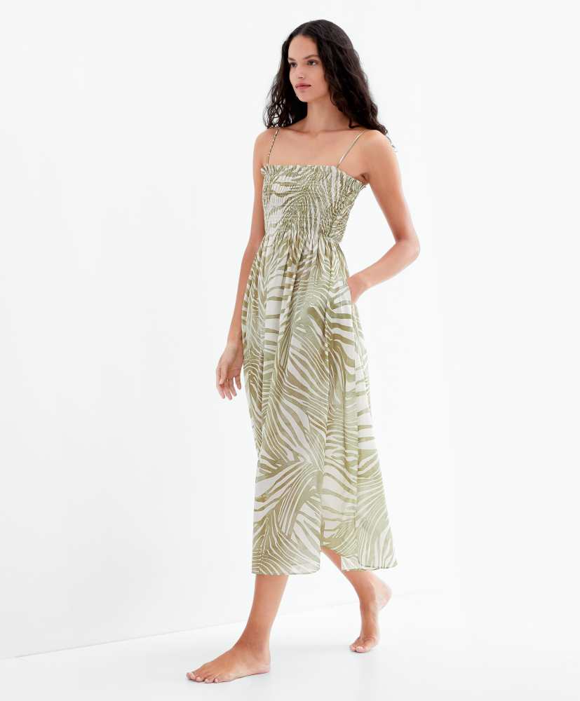 Vestido midi estampado em 100% algodão com alças.