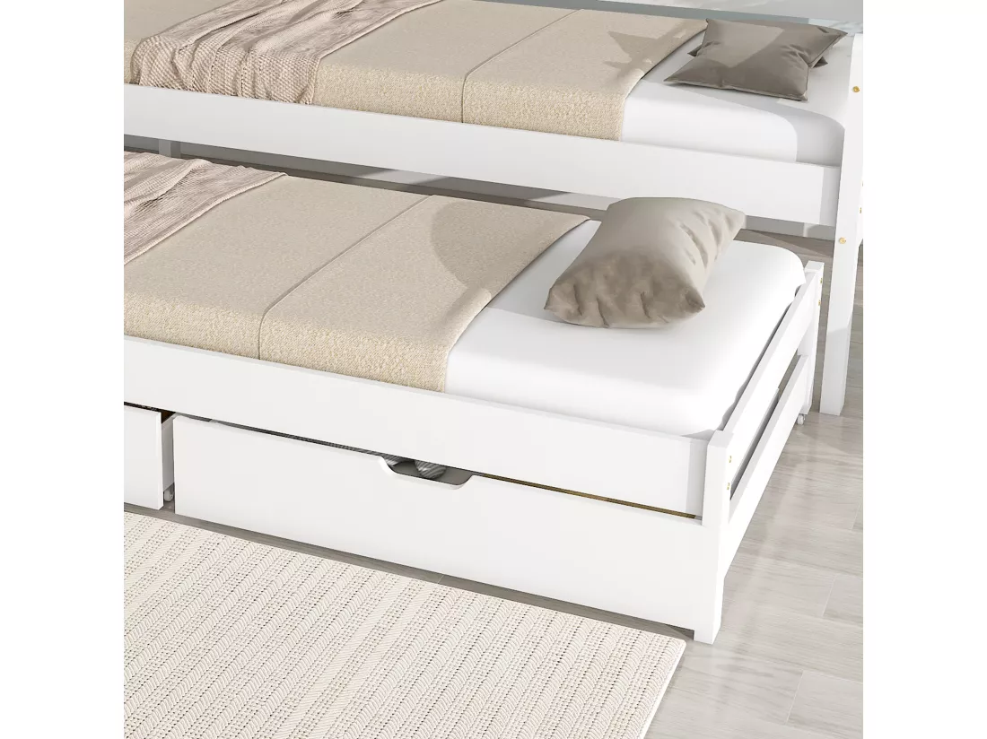 Lit gigogne avec 2 tiroirs - 200x90cm & 190x90cm - bois massif - blanc