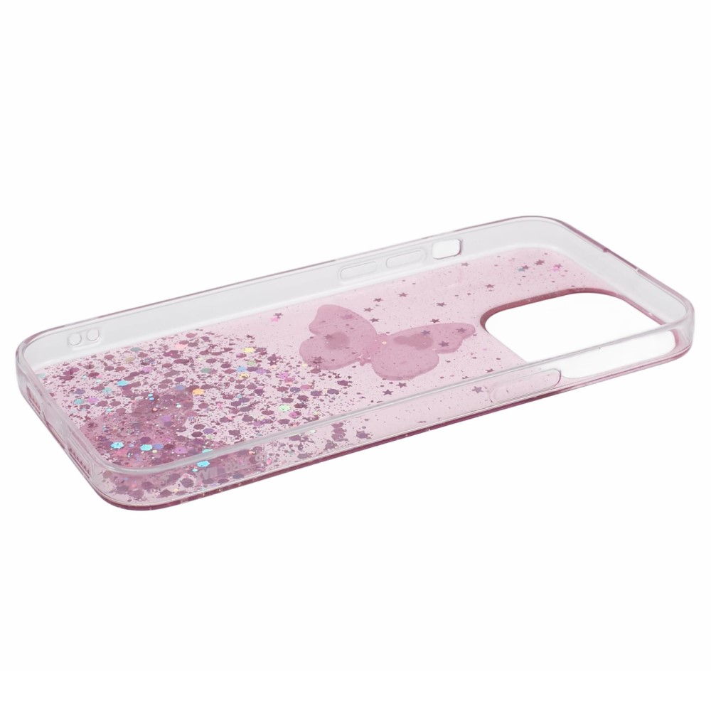 iPhone 16 Pro Hybrid Hardcase Schutzhülle im Glitzer Design Schmetterling - Rosa / Transparent