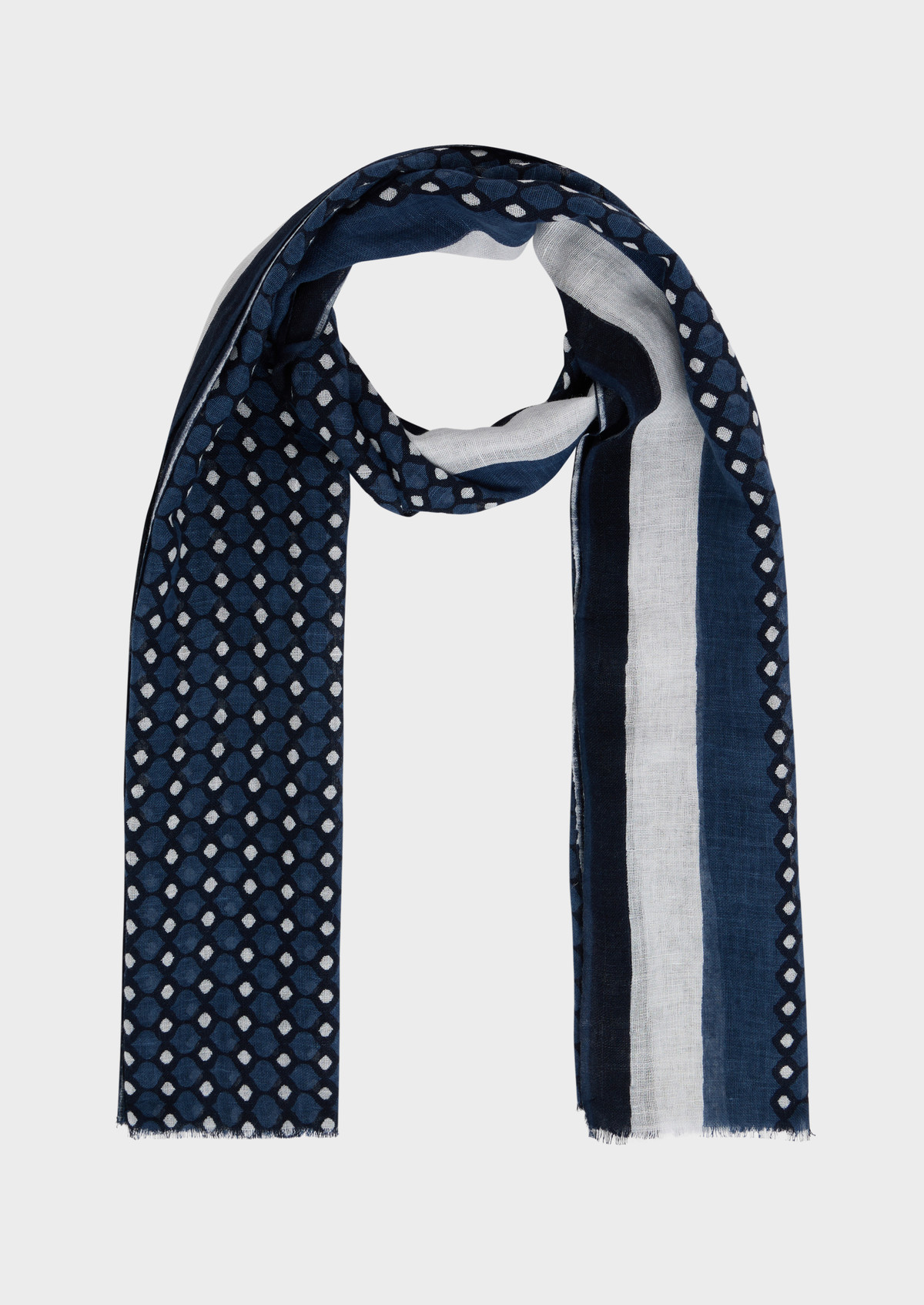 Echarpe en lin et coton bleu marine à motif fantaisie bleu et blanc