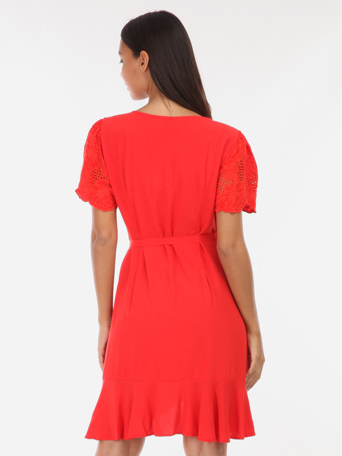Robe à volants et manches en crochet- Rouge